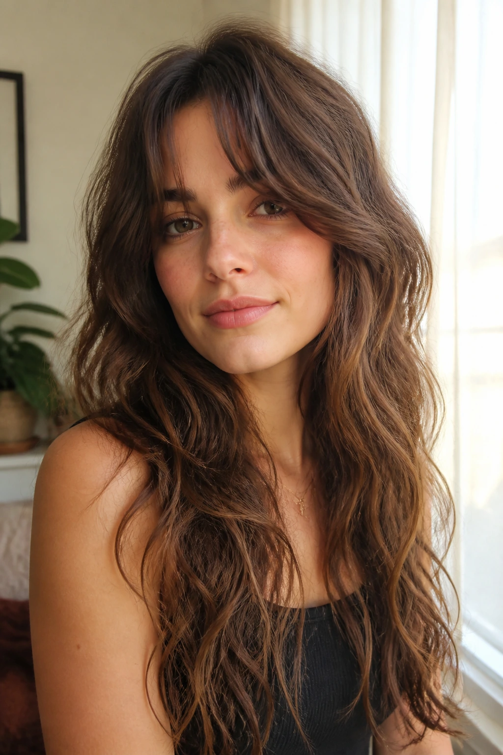 Close-up of a woman with soft curtain bangs in a wolf shag on long wavy hair