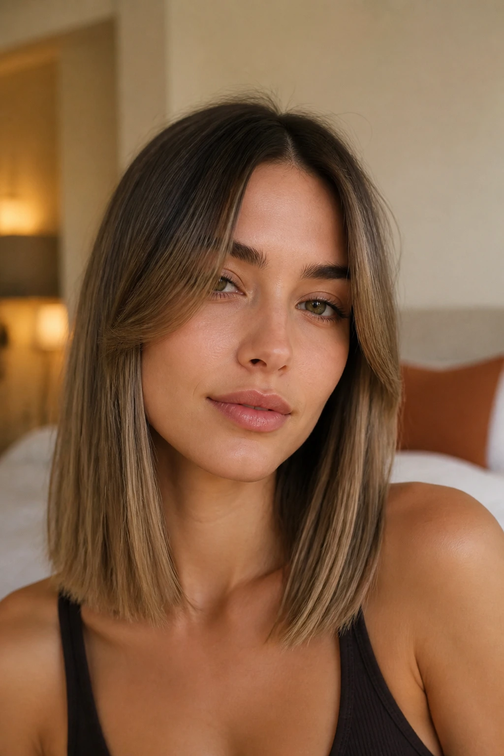 Close-up of a real person with a soft curtain bend framing the face