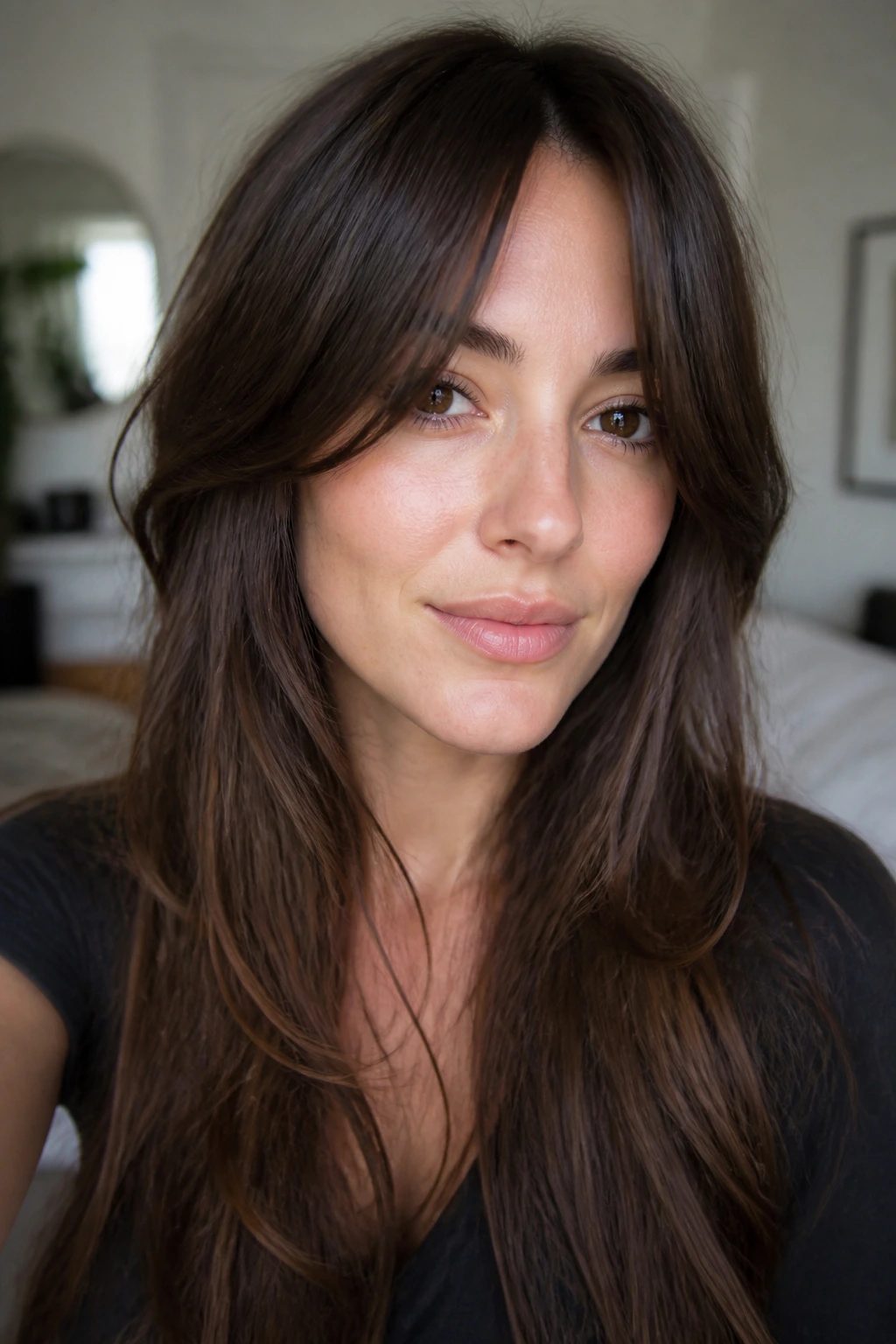 Portrait of a woman with a soft curtain fringe in natural light