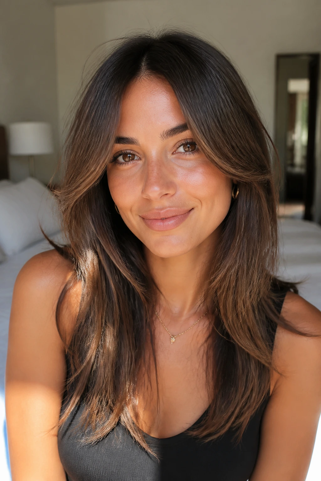 Close-up of a real woman showcasing The Soft Curtain hairstyle with a center part and cheekbone-length layers.