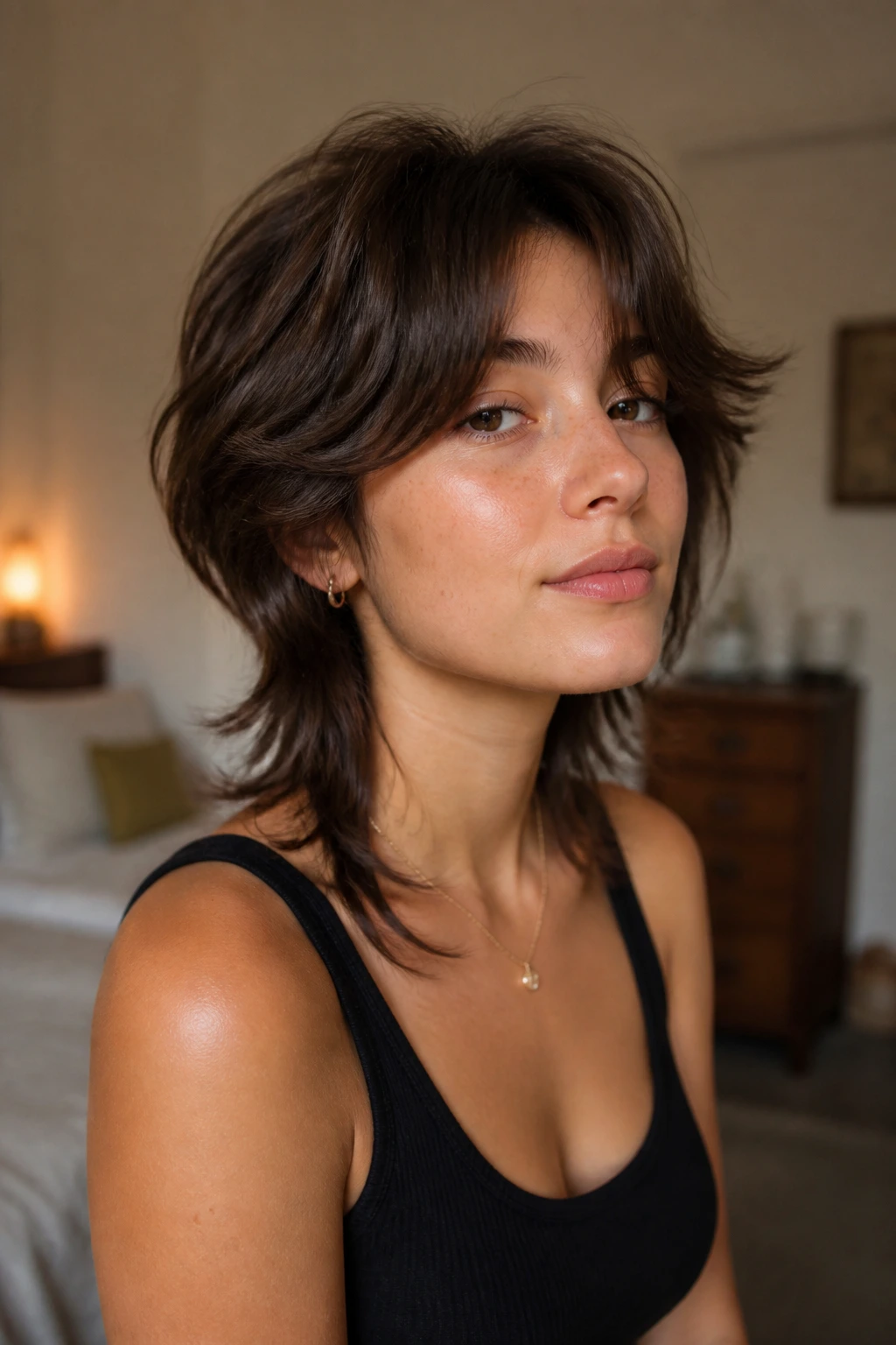 Portrait of a woman with soft curtain mullet featuring curtain bangs and tapered nape.