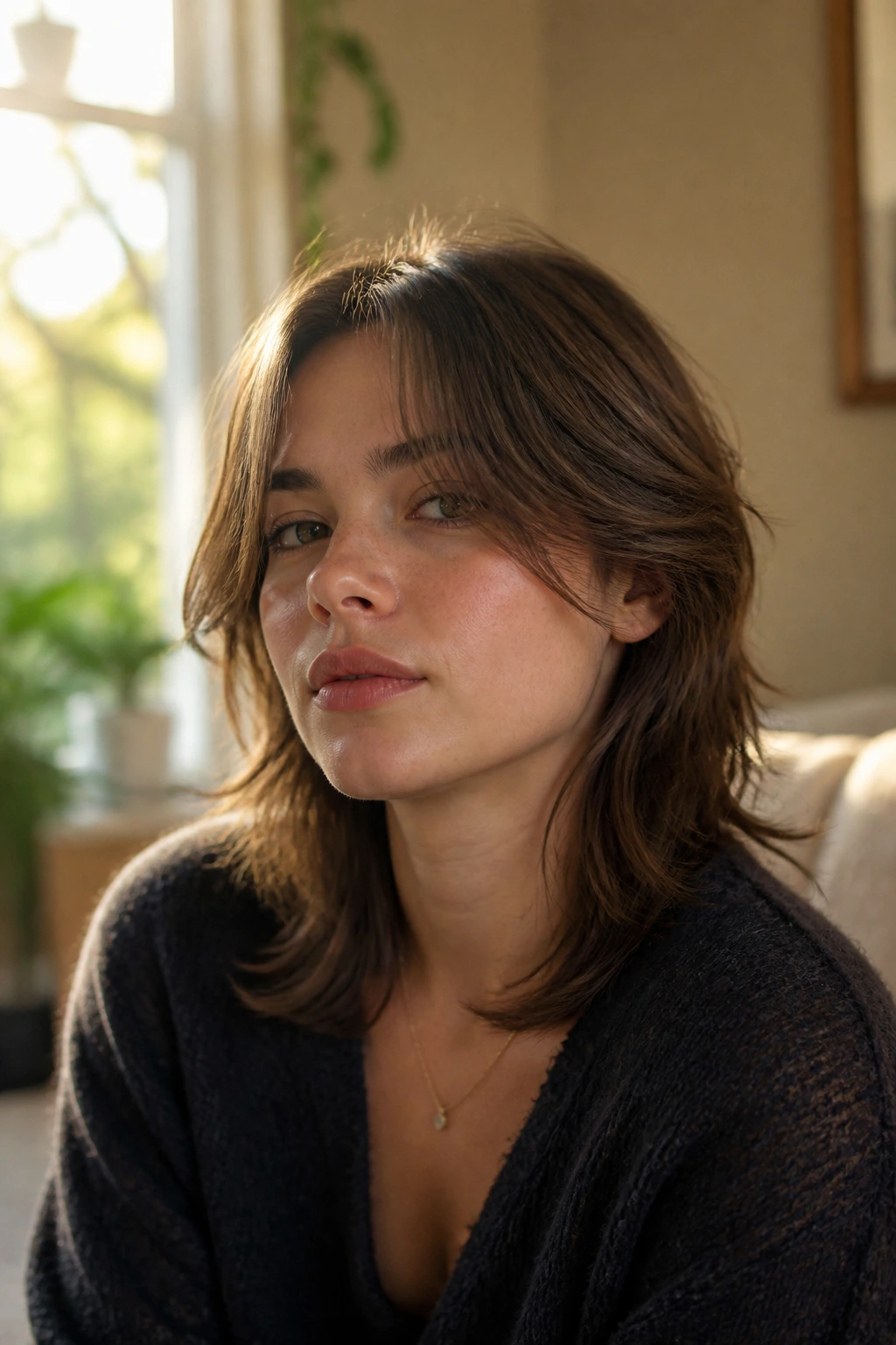 Close-up portrait with soft curtain bangs and shoulder-length mullet on a real person