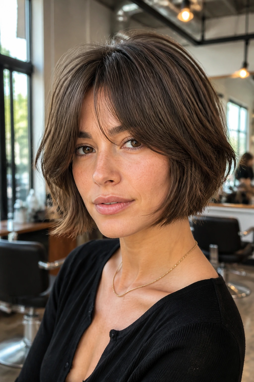Medium close-up of a woman with soft curtain shag bob in a sunny salon