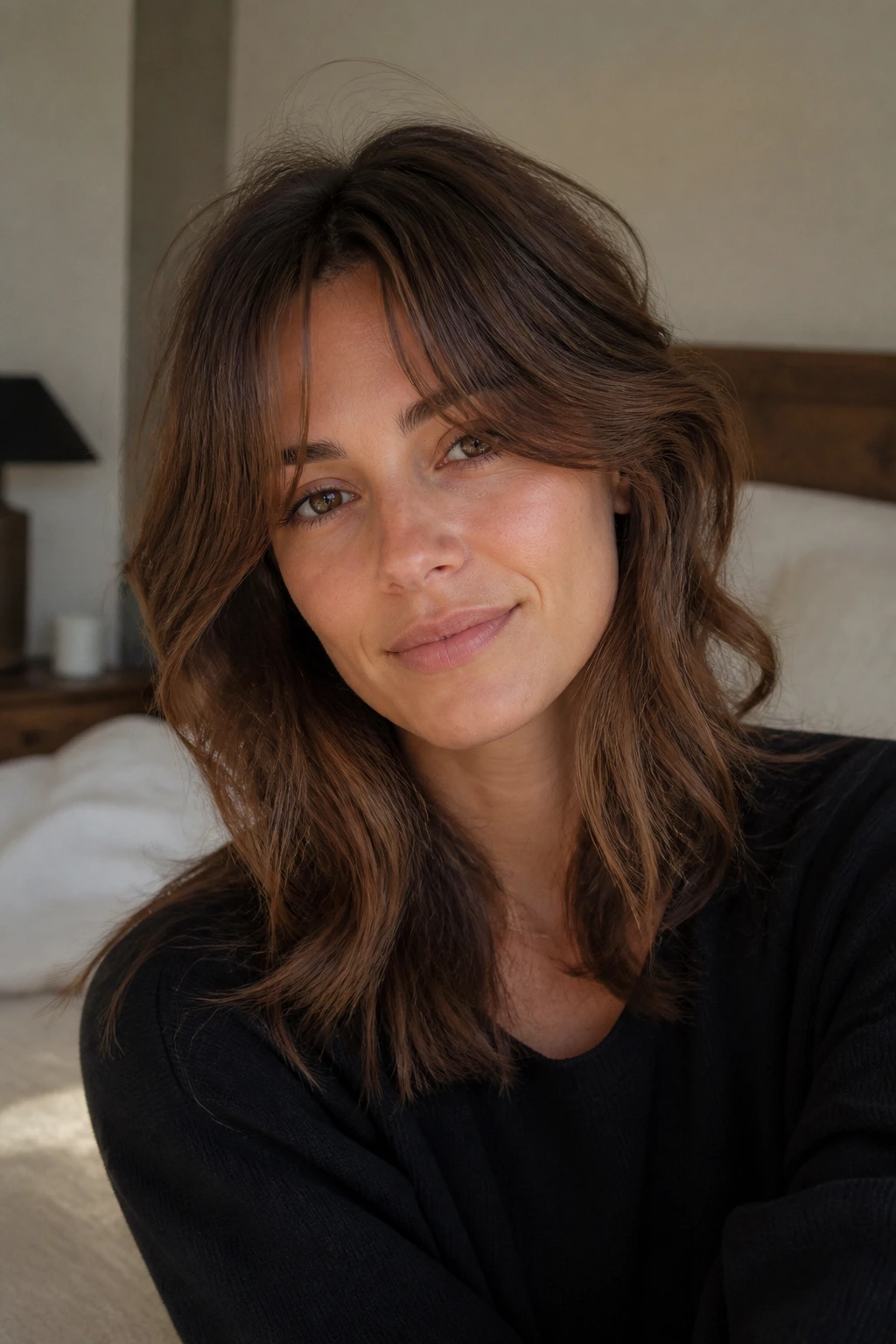 Portrait of woman with soft curtain shag in bedroom window light