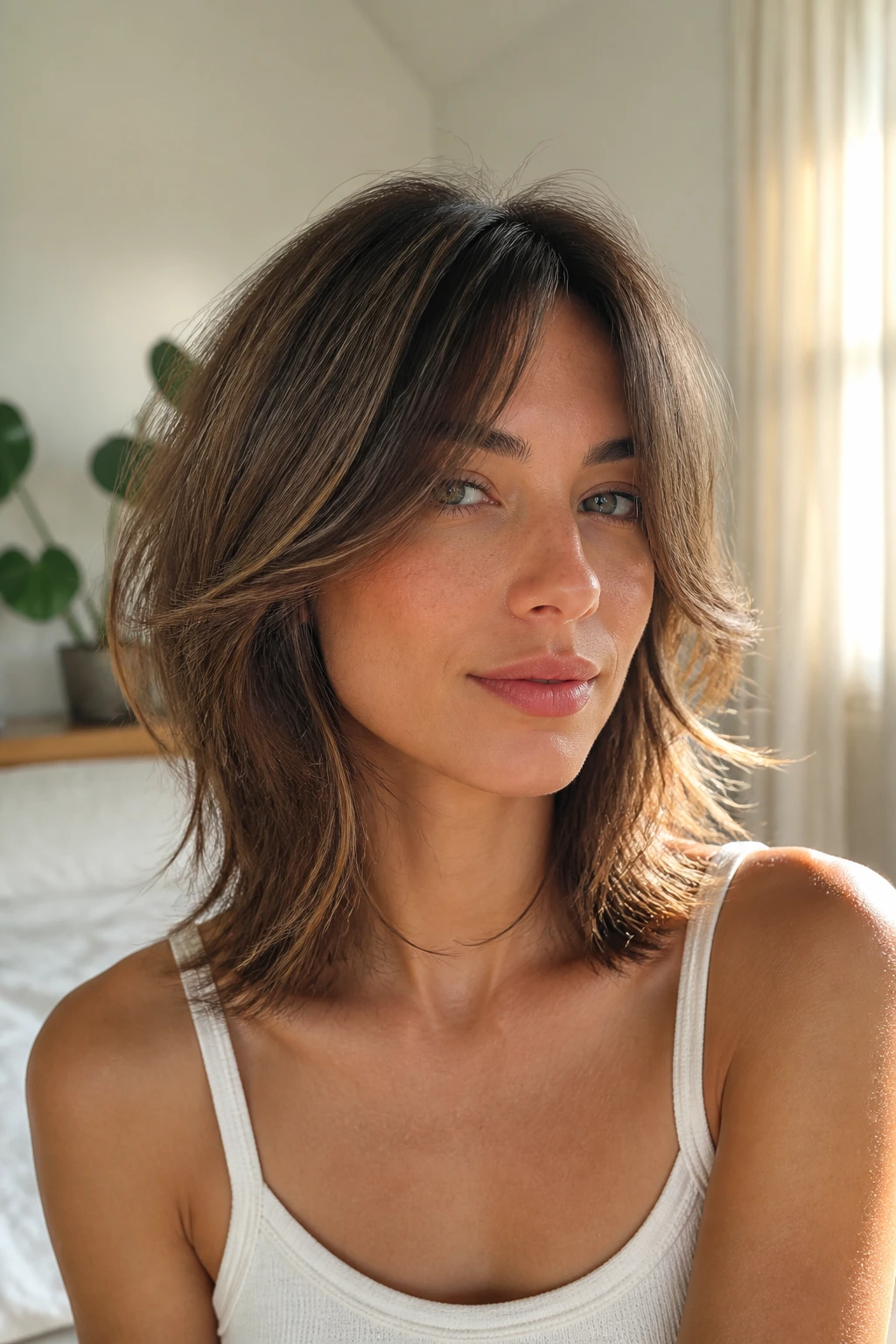 Close-up portrait of a real person with a soft curtain shag hairstyle.