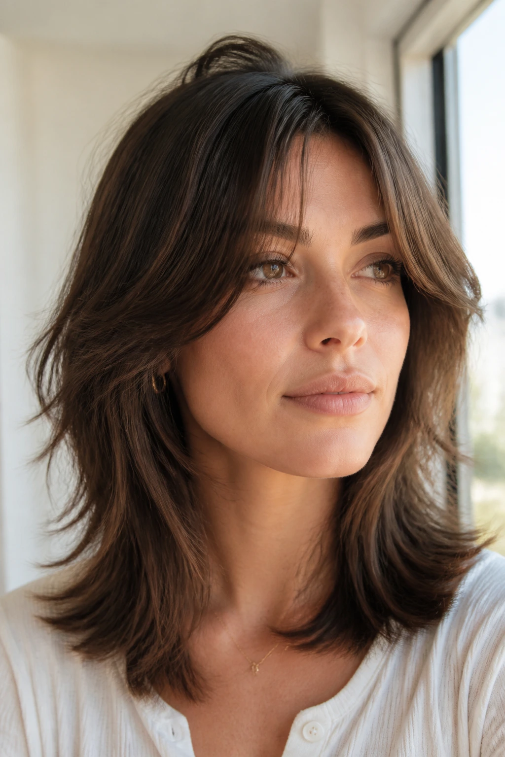 Close-up of a real woman with soft curtain wolf cut in natural light