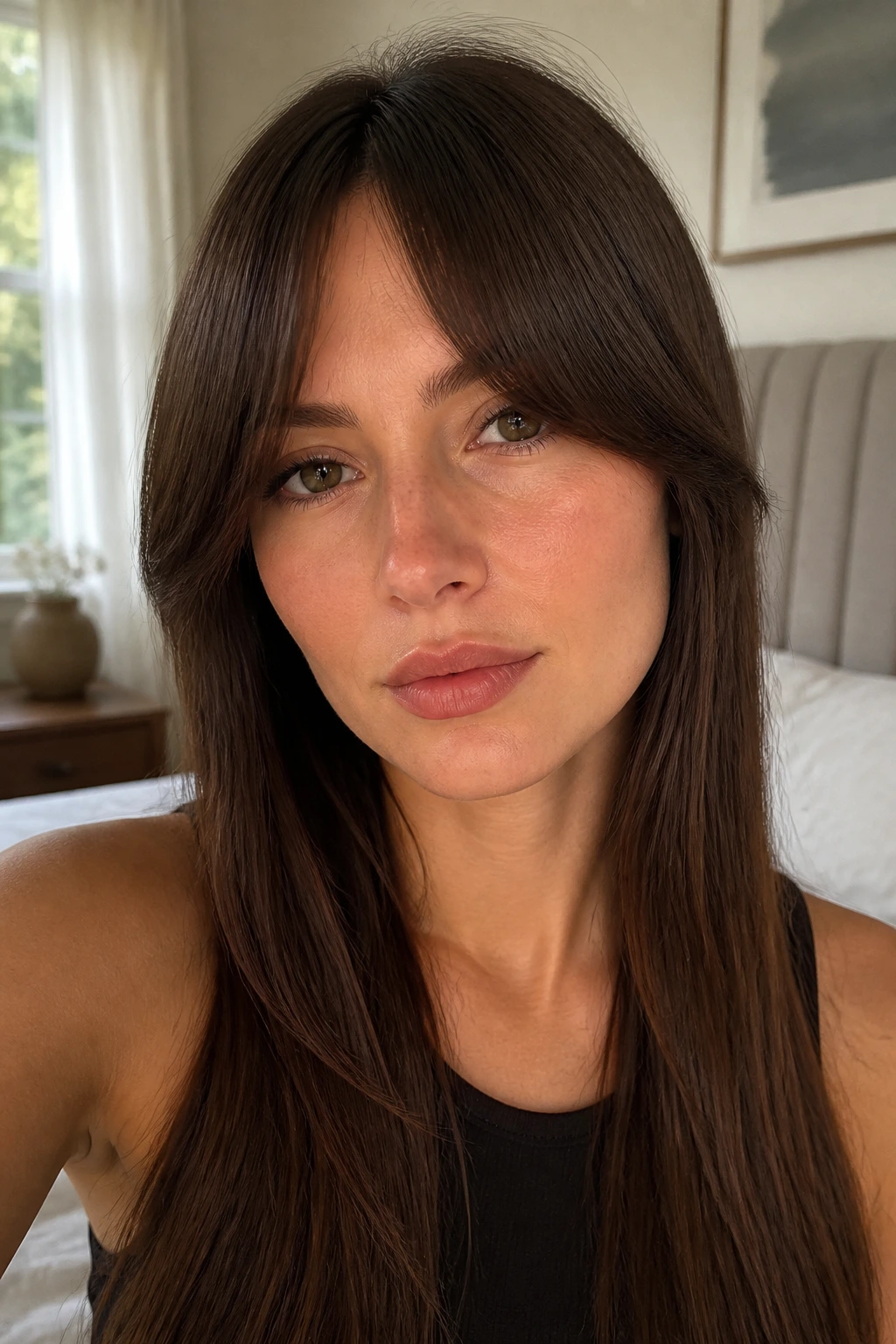 Close-up of a real woman with straight hair and soft curtain bangs in a sunlit bedroom