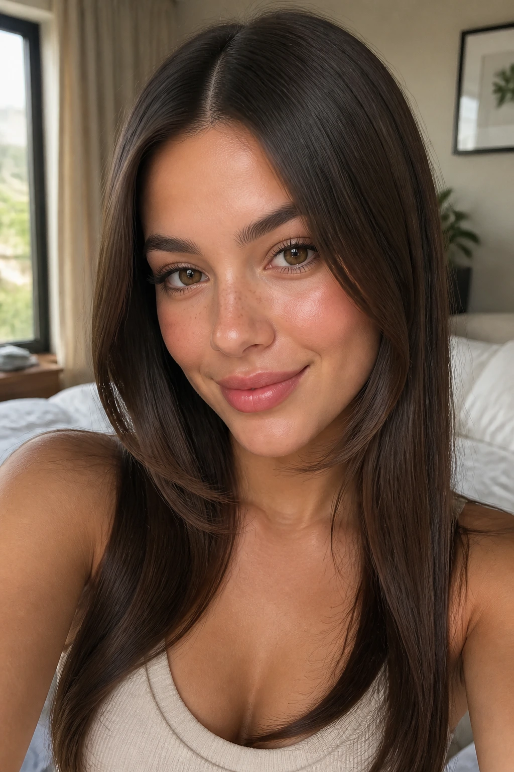 Close-up of a real woman with long straight hair showing a soft jawline curve and center part