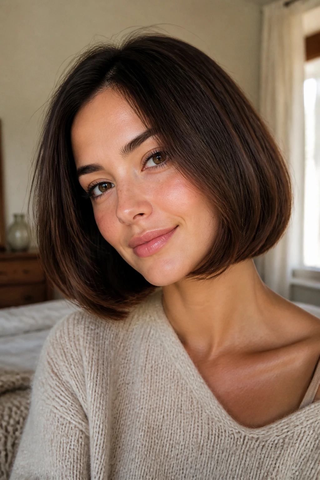 Real person with soft curved bob ends bending inward