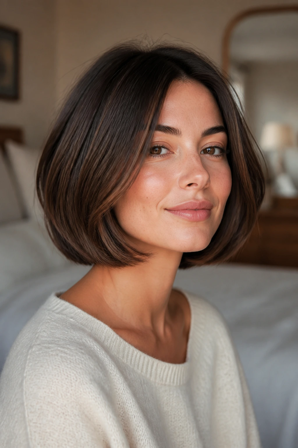Real woman with a soft curved bob in warm natural light
