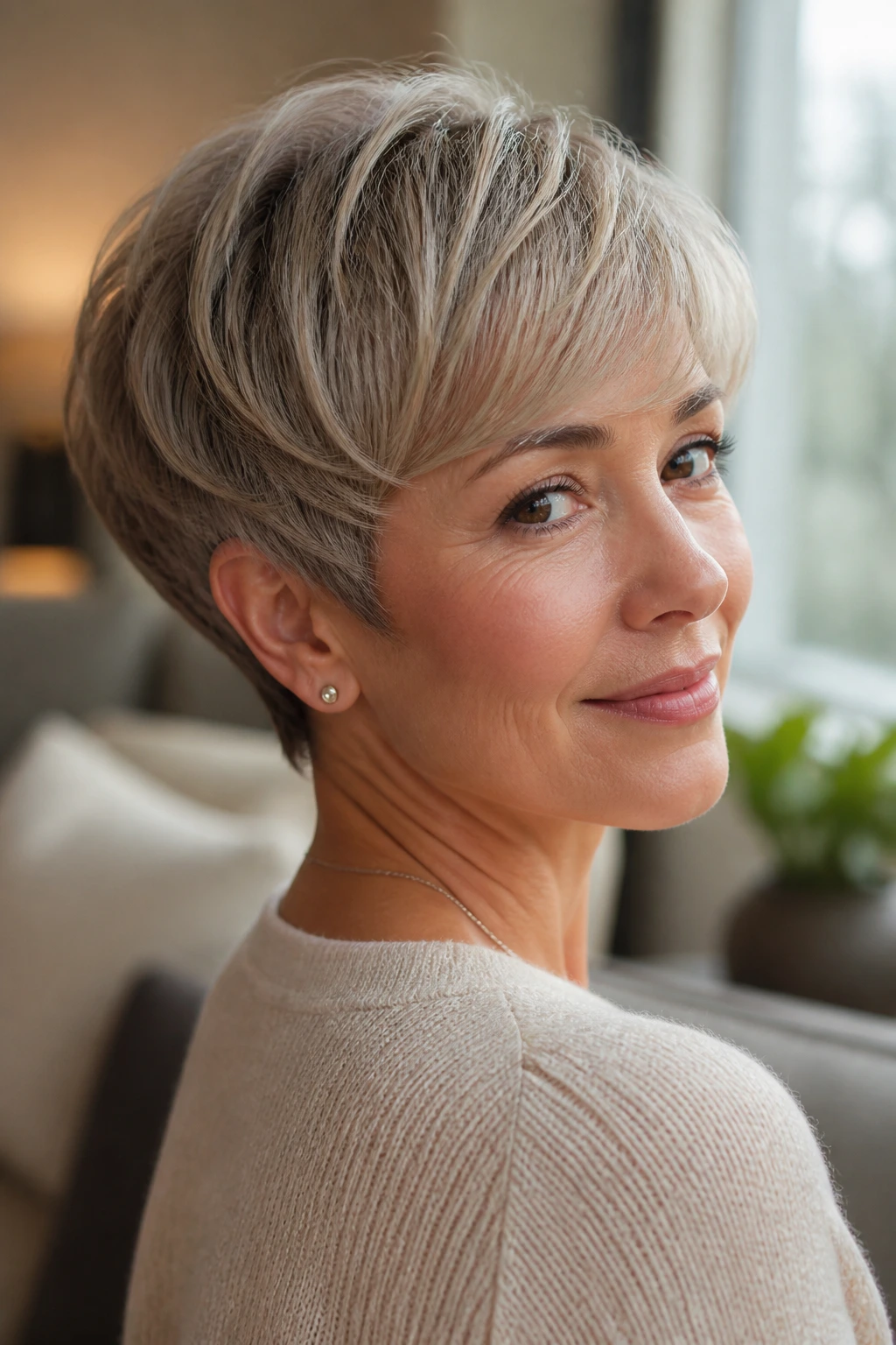 Close-up of soft curved pixie showcasing gentle fringe and tapered sides