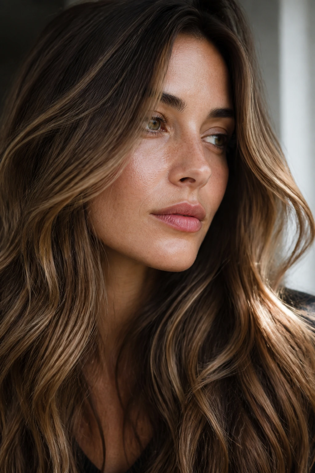 Close-up portrait of a real woman with subtle hair lowlights creating soft depth