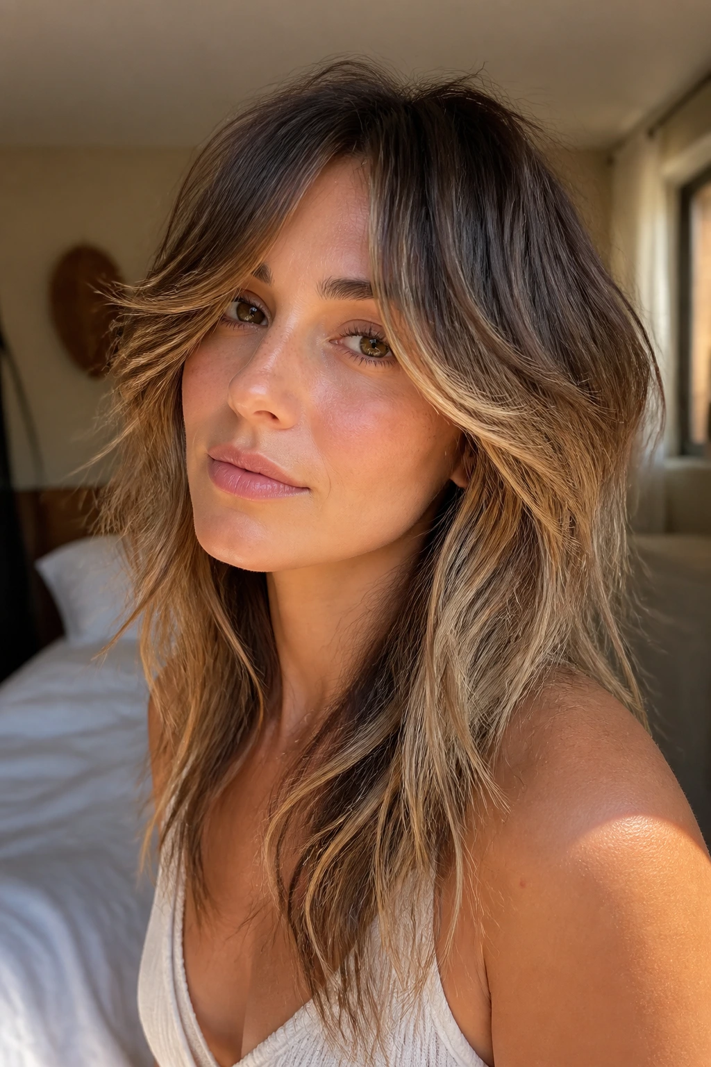 Close-up of a real woman with wolf cut and soft dimensional balayage in warm window light