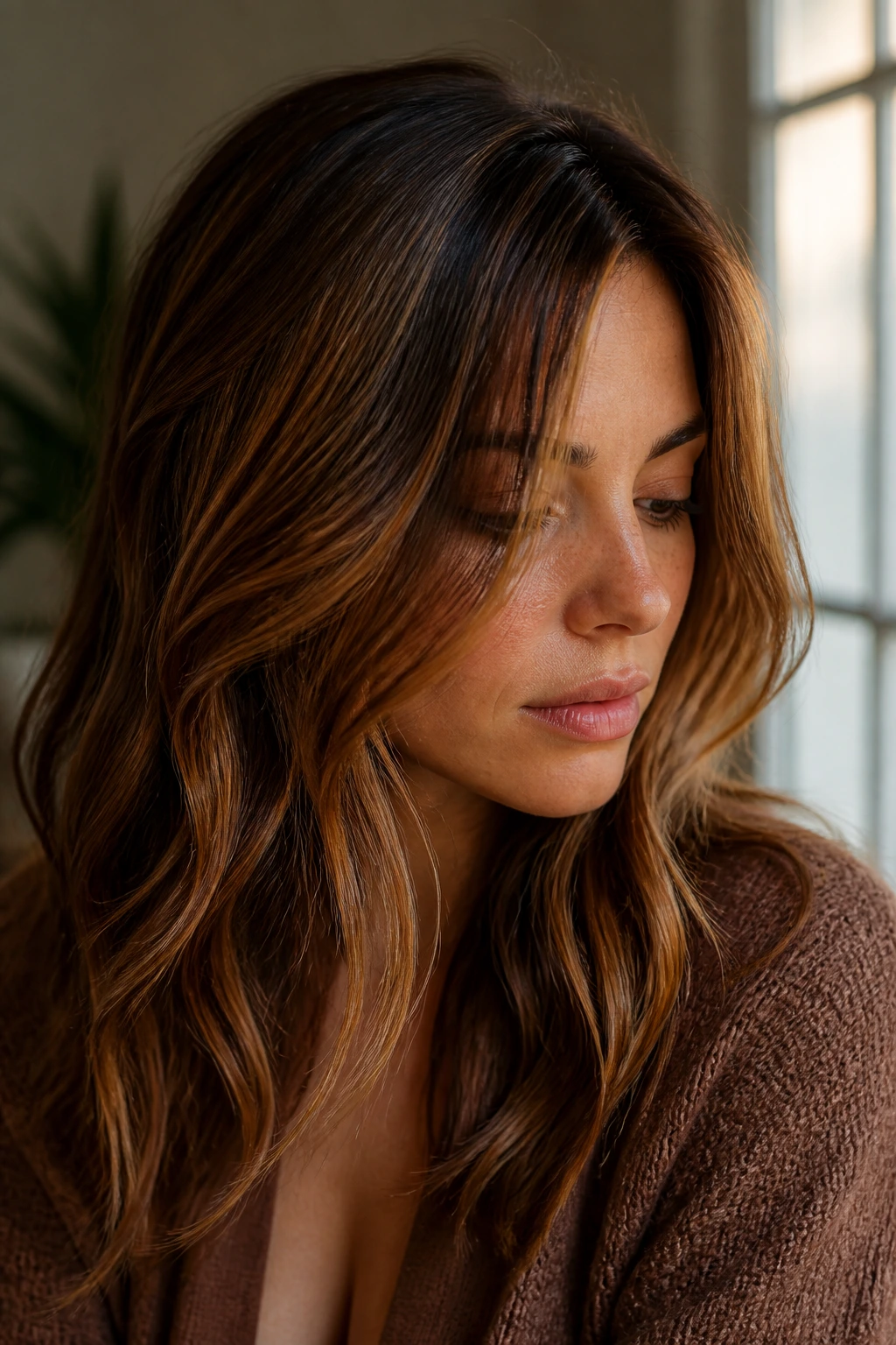 Portrait of a real person with multi-tonal bronze hair showing soft dimension