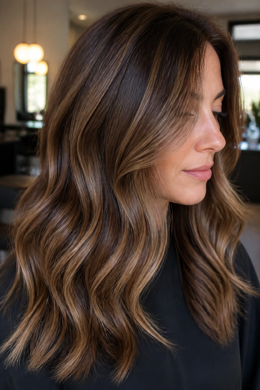 Close-up of brunette hair with soft dimension foilayage in natural light.