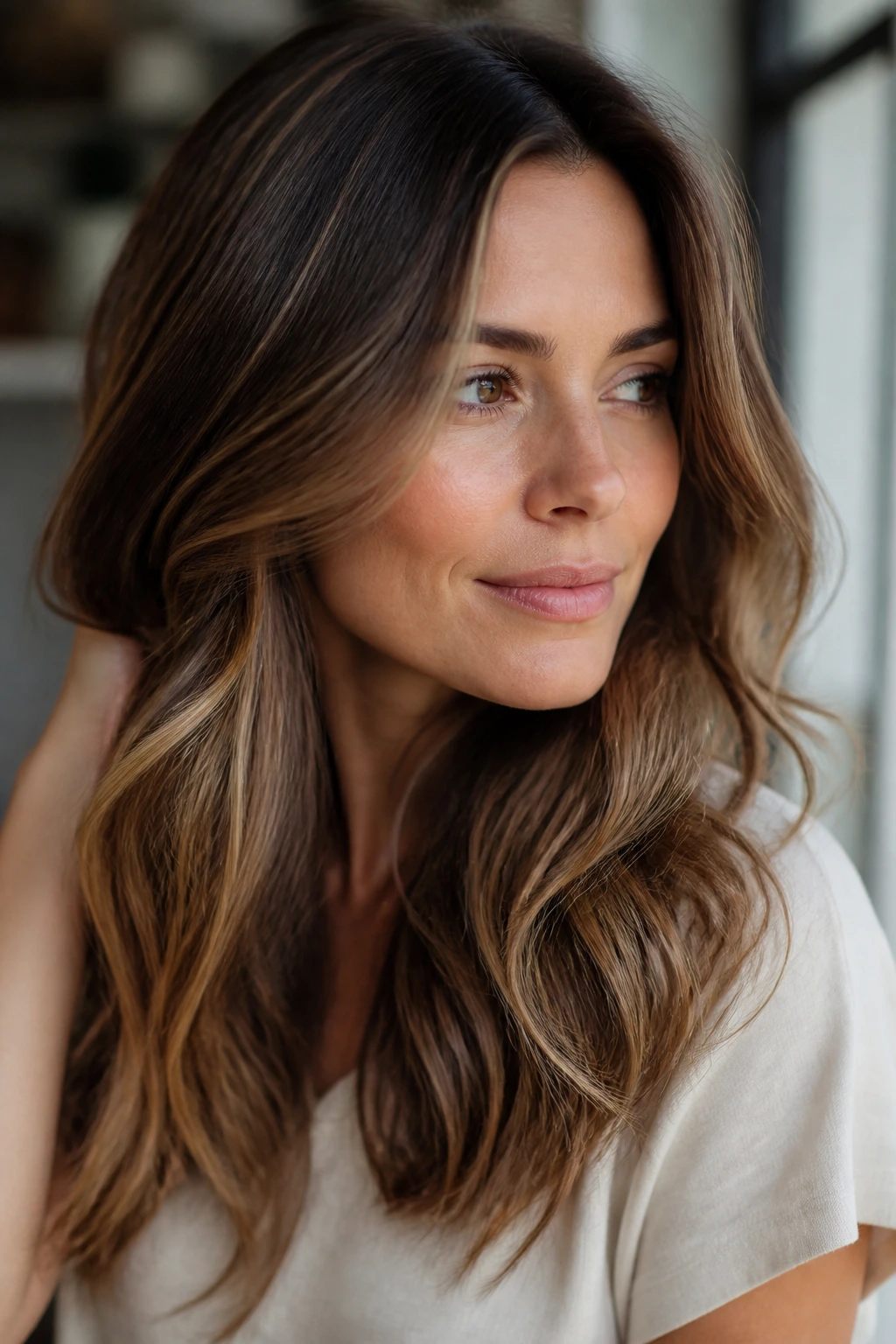Close-up of a real woman with dimensional brunette hair and soft root shadow
