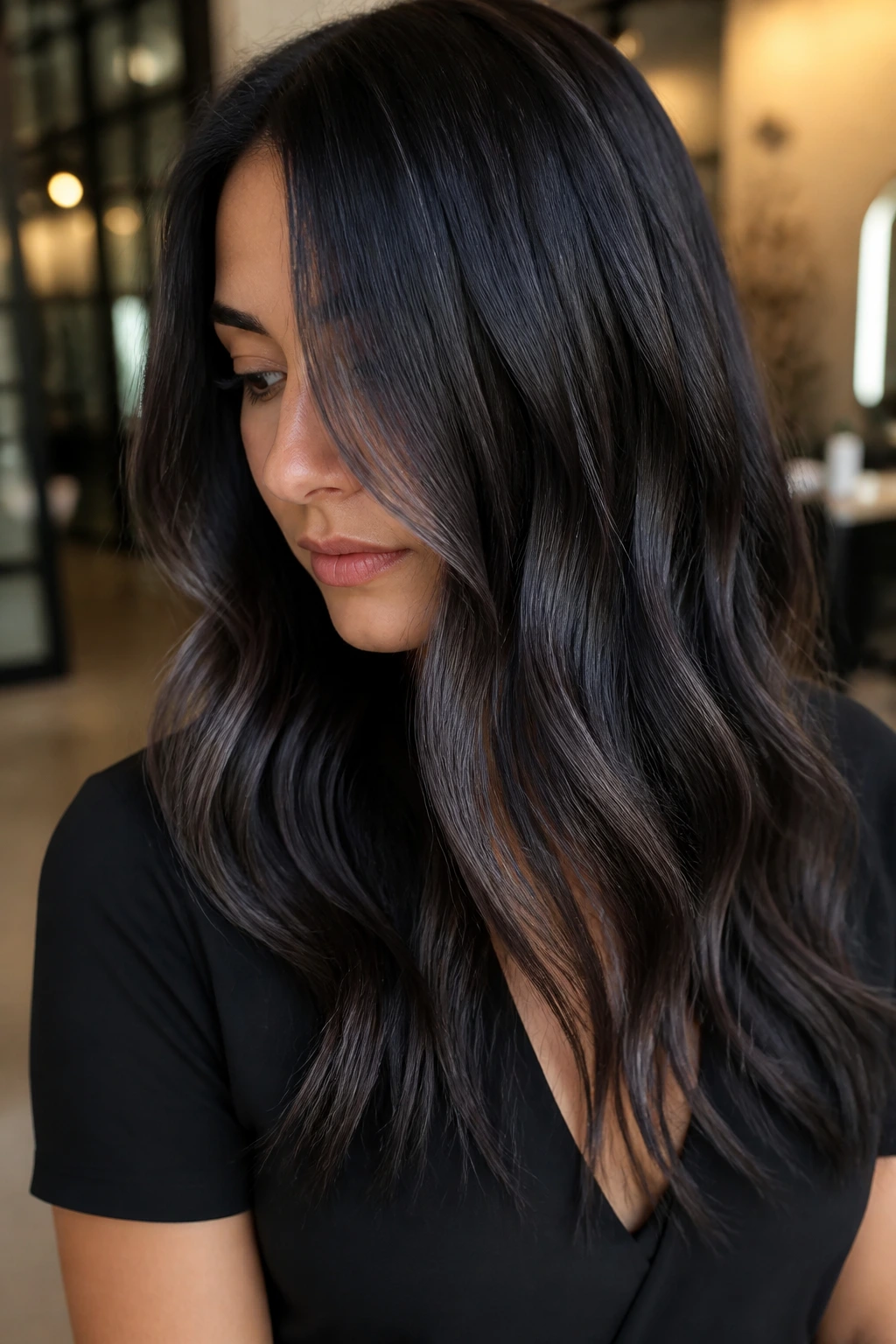Close-up of hair with silky, soft-reflecting black color under diffused lighting