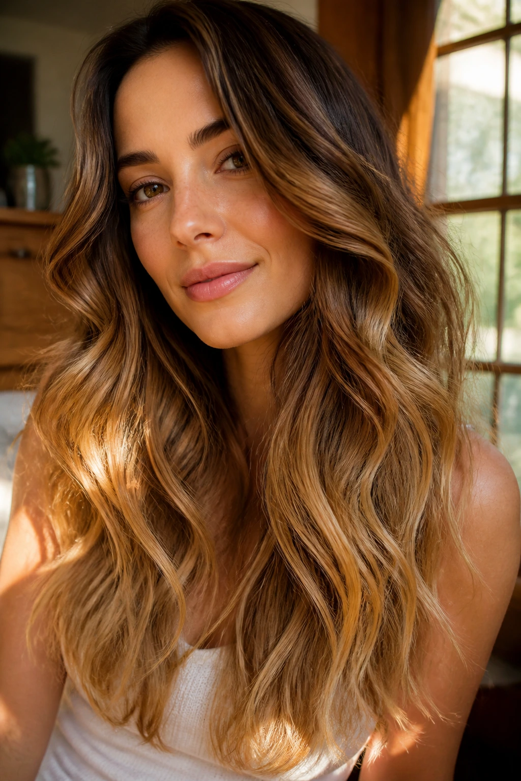 Real woman with soft dimensional balayage in sunlit setting