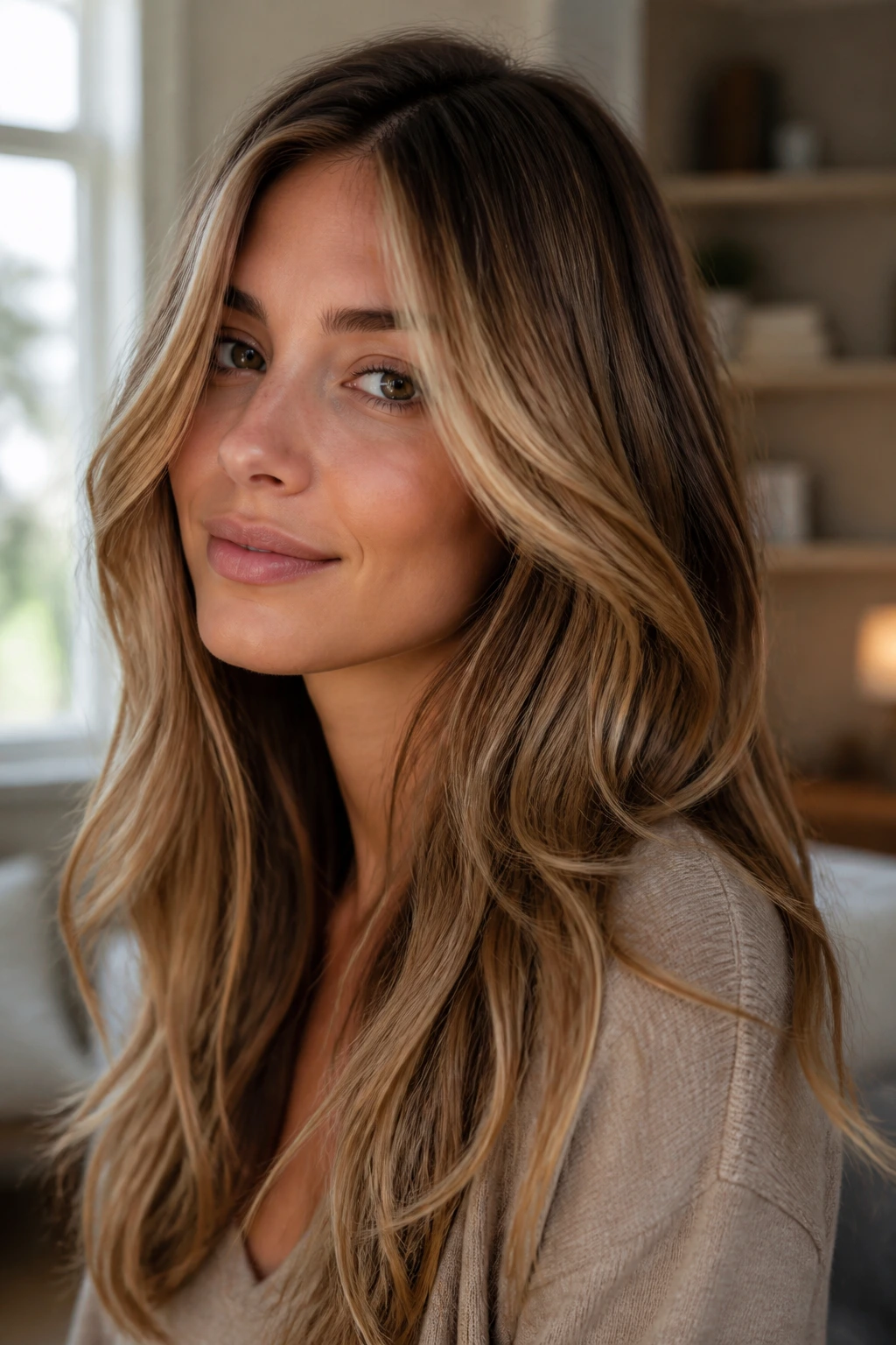 Close-up of a real woman showcasing soft dimensional hair created by lowlights