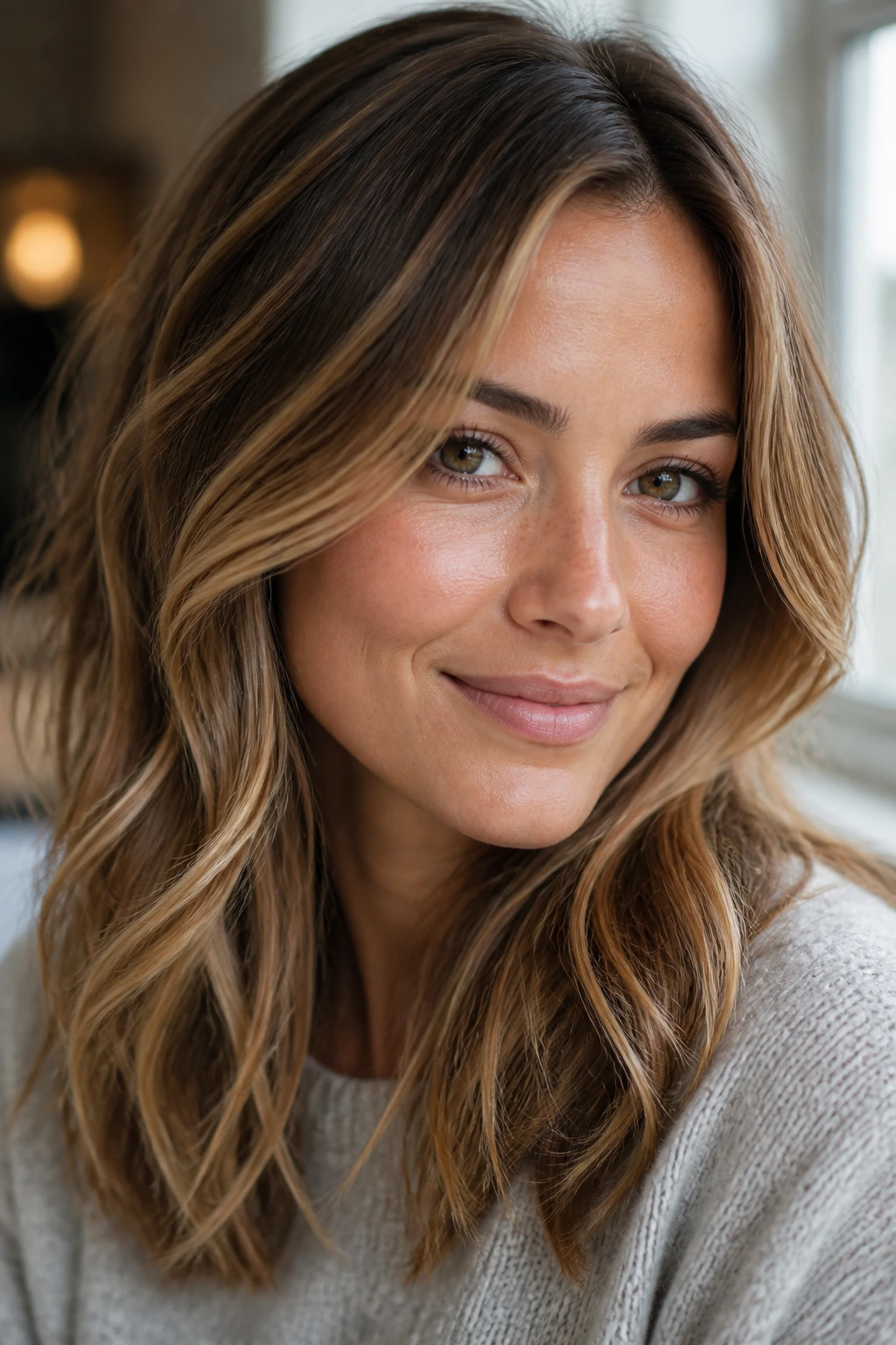 Close-up of a real woman showing soft dimensional highlights in beige caramel tones around the face