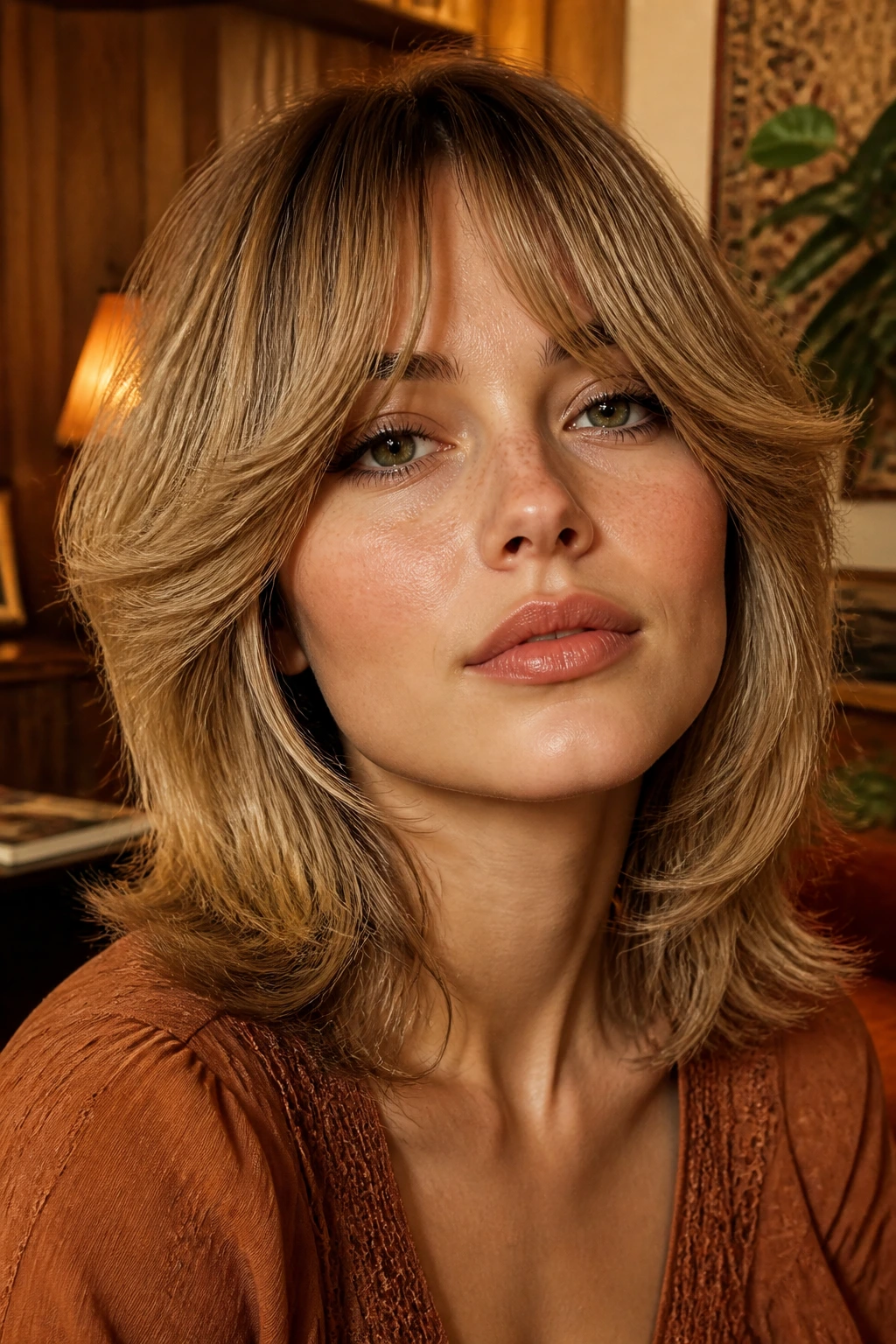 Close-up of a real person with soft 70s disco shag.