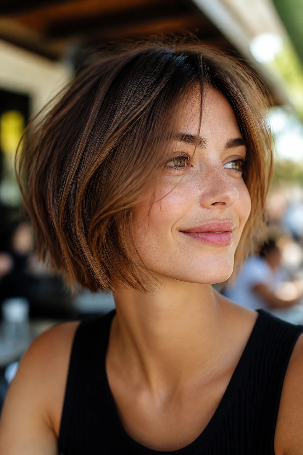 Close-up of a real person with a soft disconnected bob showing top-layer contrast