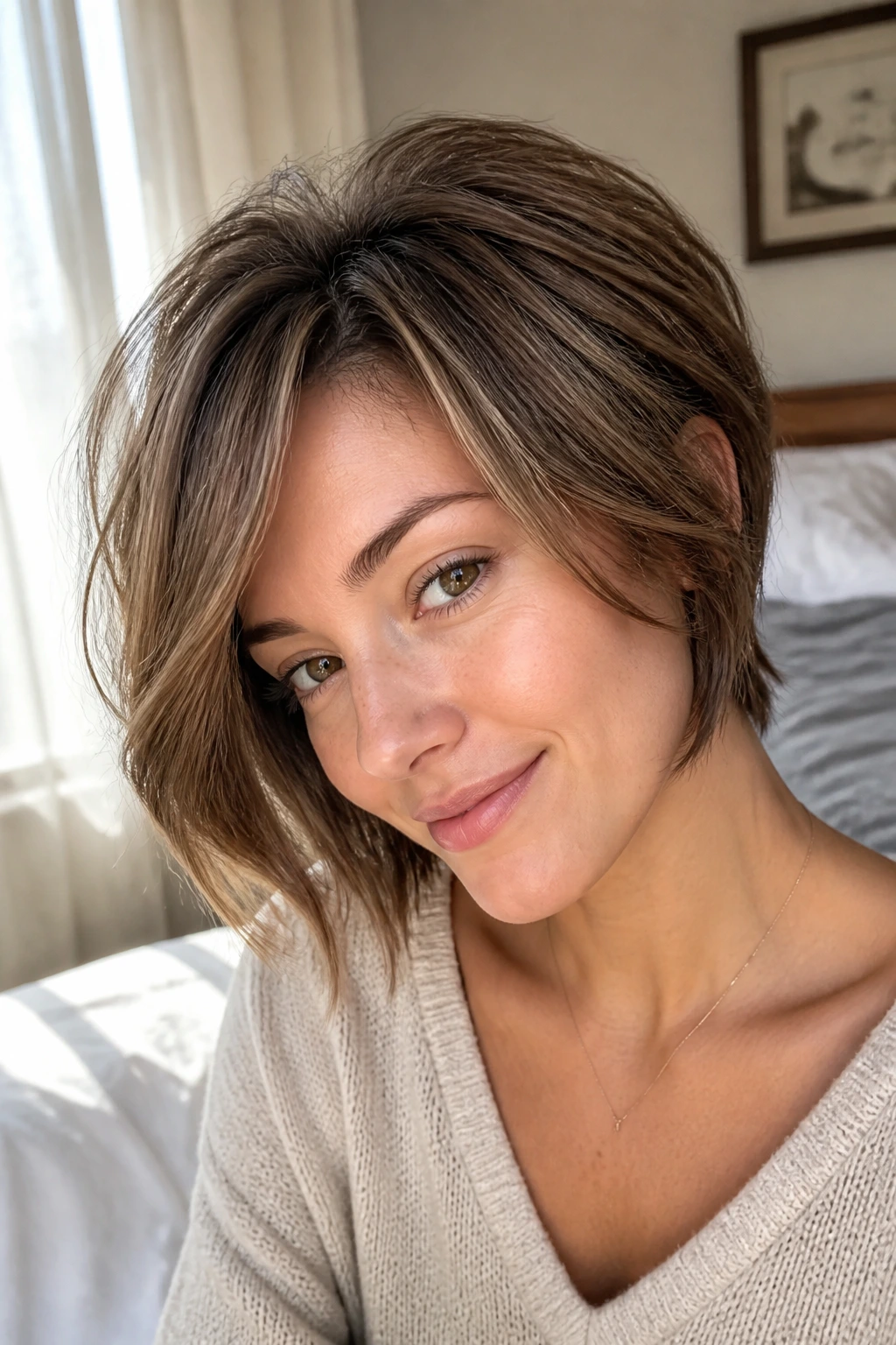 Real person with soft-drape pixie bob and feathered perimeter in sunlight