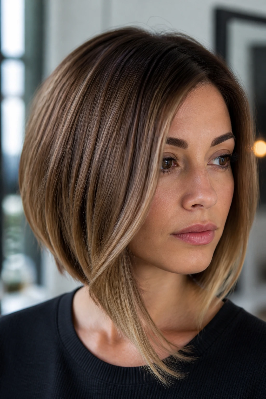 Portrait of a woman with Soft Drift asymmetrical bob showing mild diagonal and blurred ends.