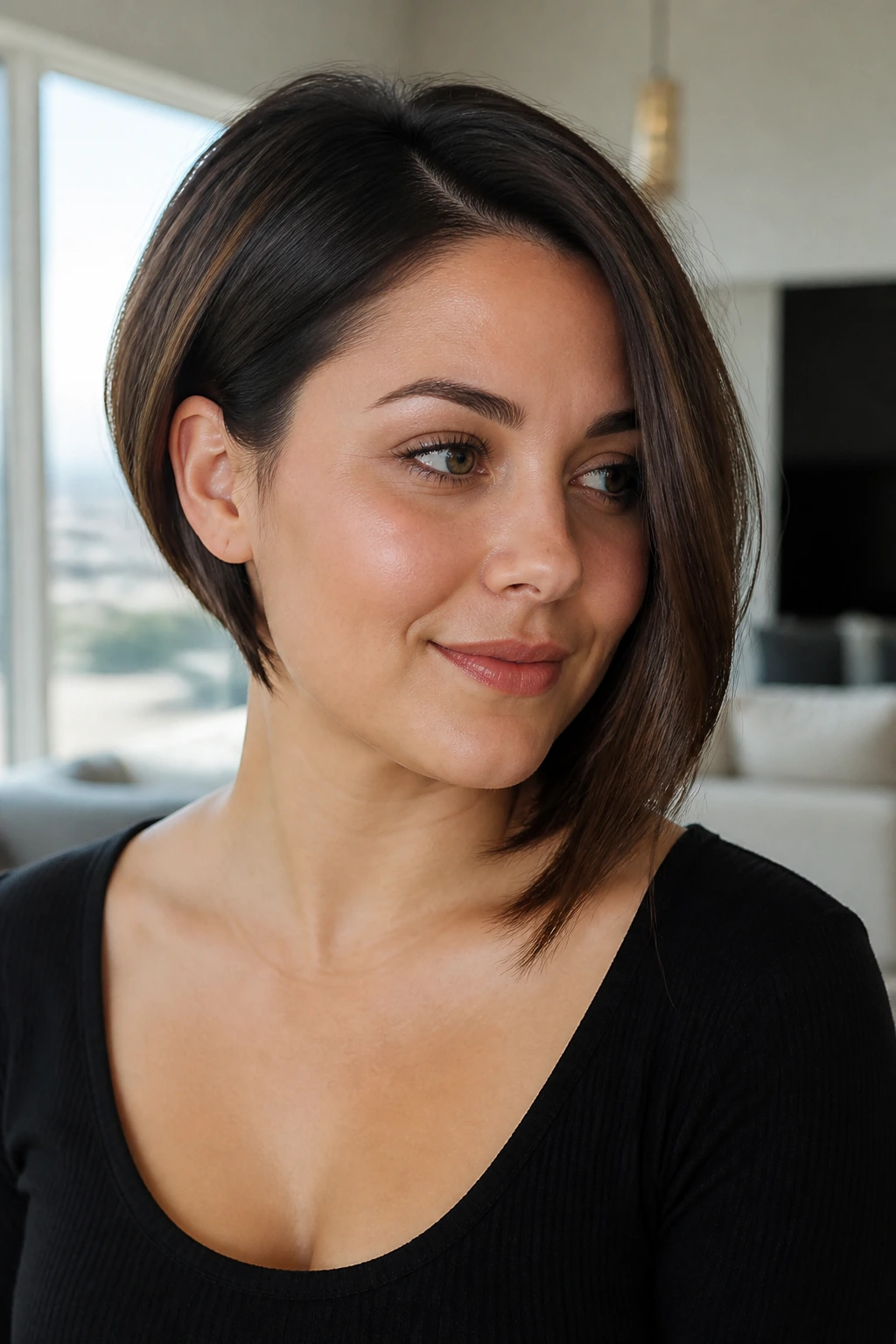 Three-quarter portrait of a real woman with a soft-edge asymmetrical bob for round faces.