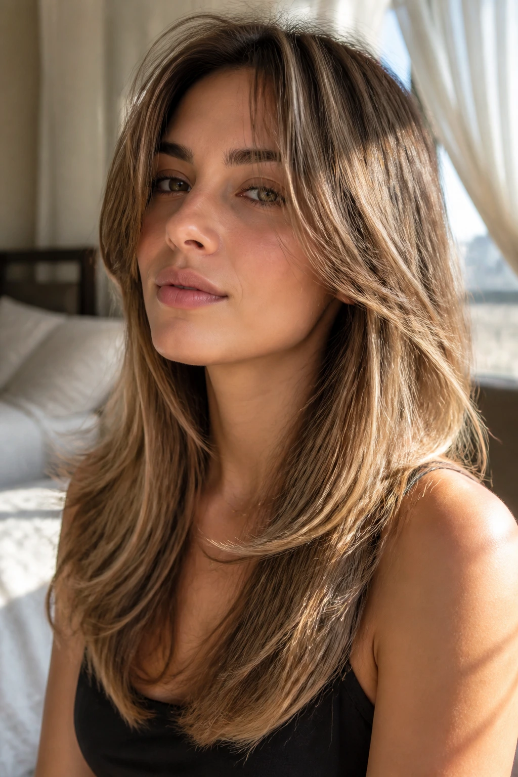 Close-up of a real woman with Soft-Edge Butterfly hairstyle featuring gentle face-framing layers