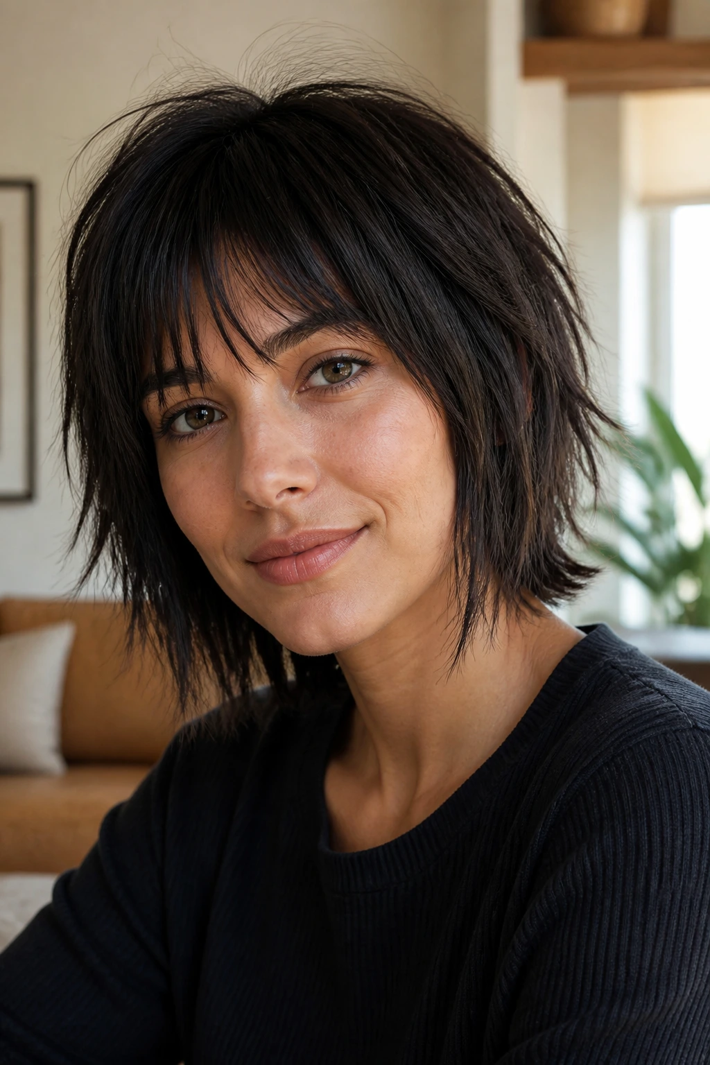 Close-up of a real woman with a choppy haircut showing a softer edge in natural window light