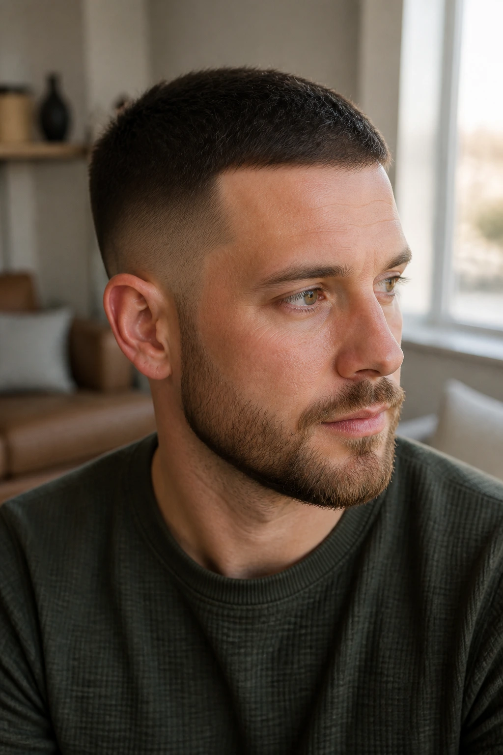 Portrait of man with soft-edge crew cut in living room window light