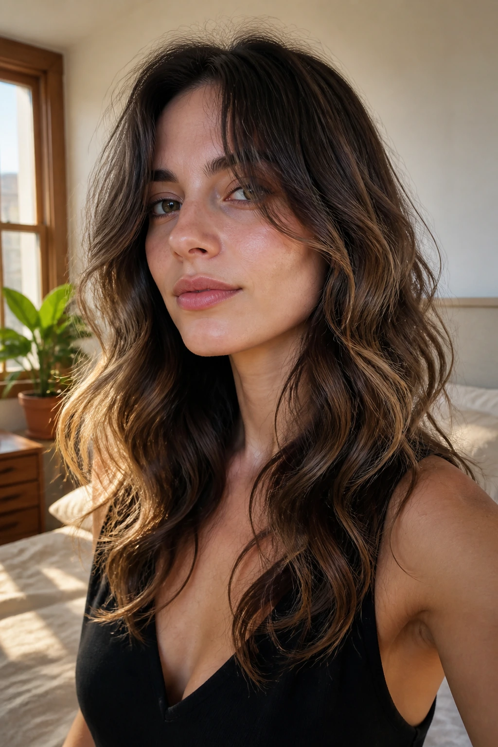 Real woman with long waves and a soft edge cut