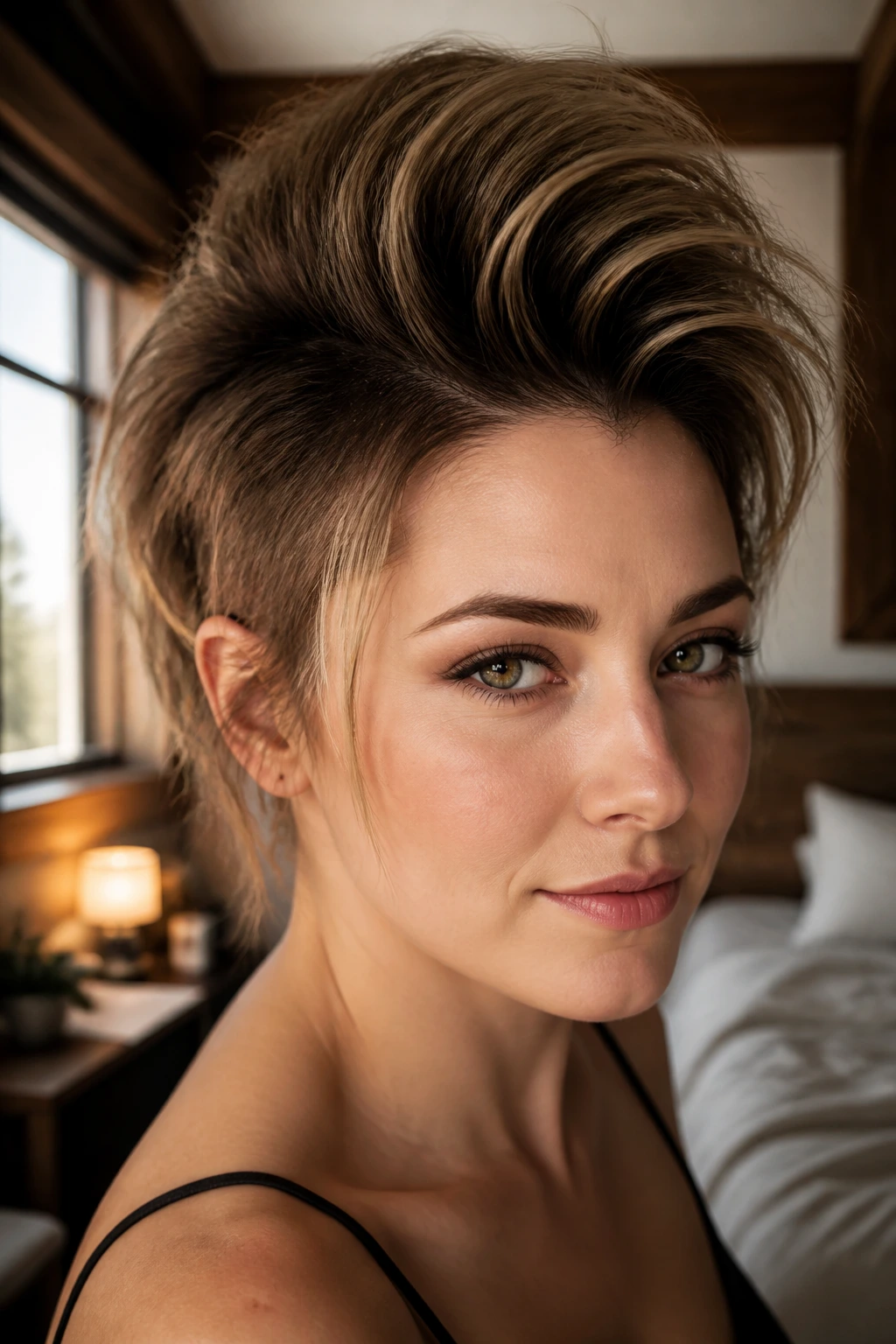 Close-up of a real woman with a soft-edge faux hawk, lifted center and loose sides in a sunlit room