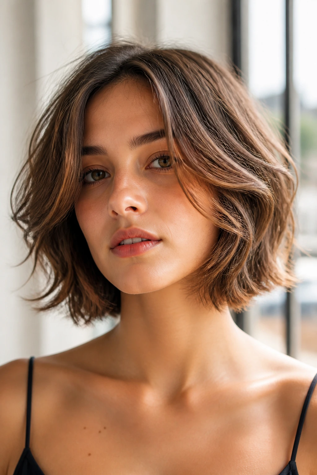 Close-up of a real woman with soft-edged feathered ends framing the jawline in a bright room.