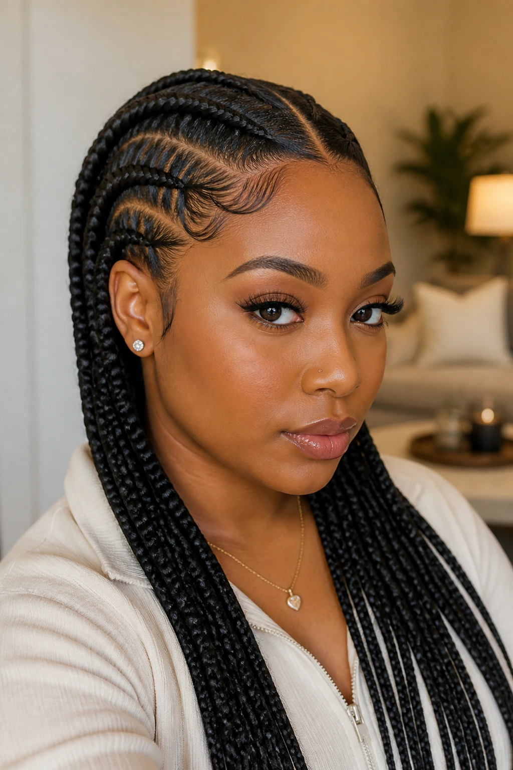 Close-up of soft-edge feed-in braids around temples on a real woman