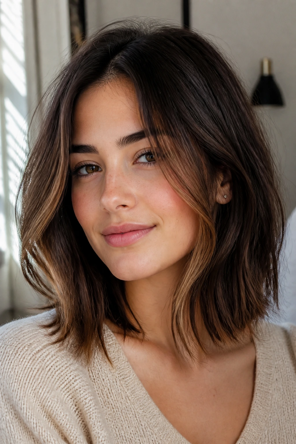 Close-up of a woman with soft-edge lob in warm daylight