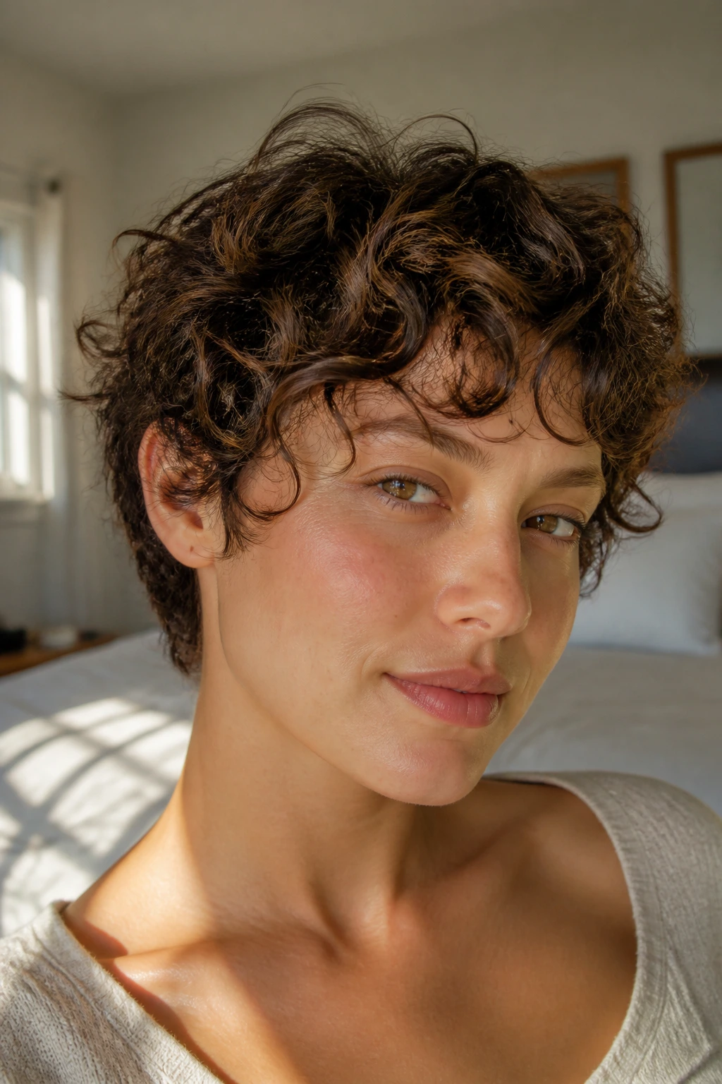 Close-up of real person with soft-edge romantic pixie wolf hairstyle filling frame