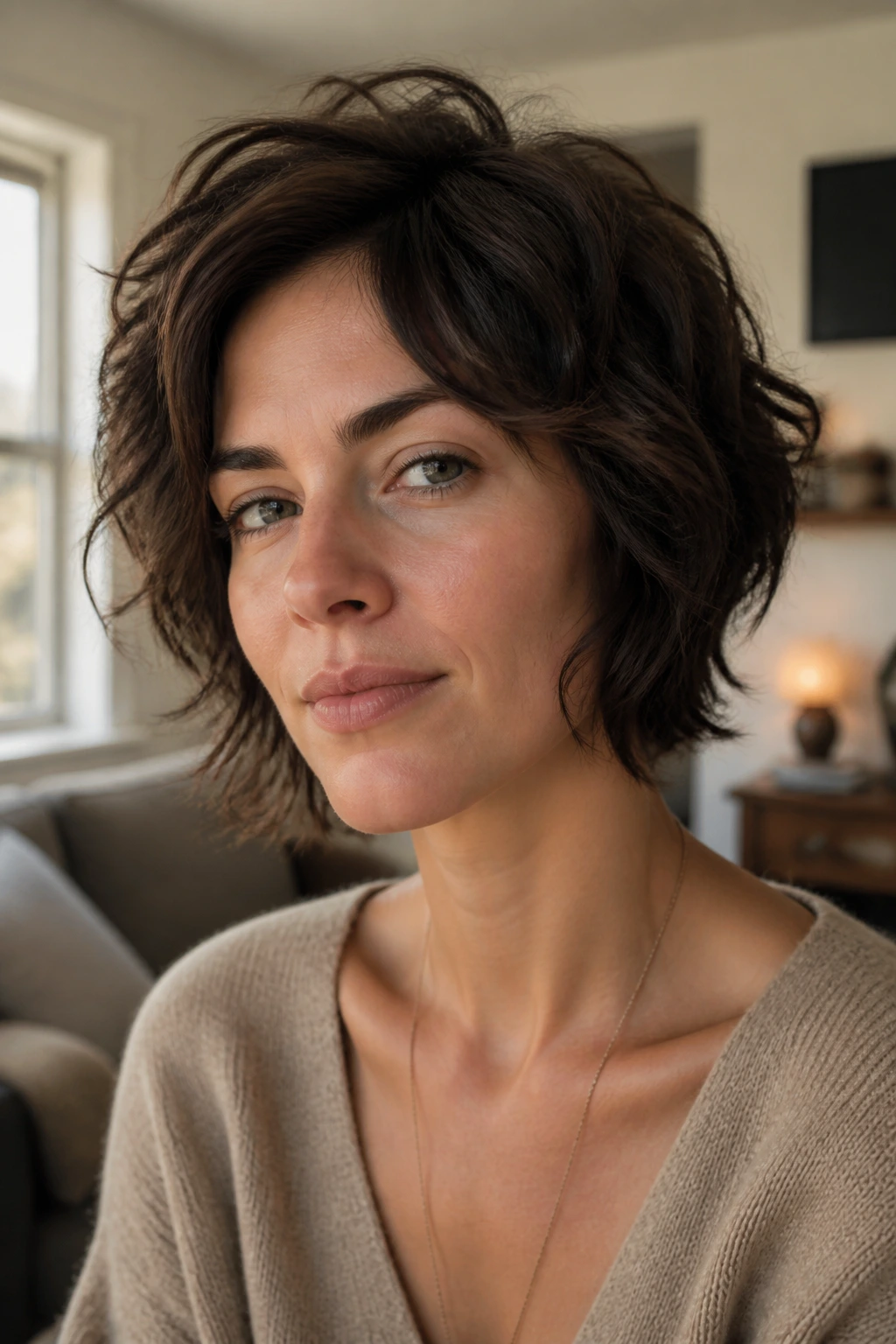 Portrait of a person with soft edged short shag in a warm living room
