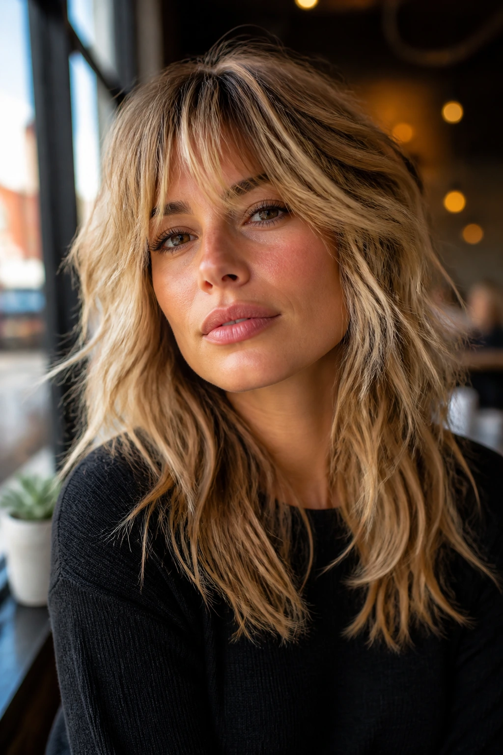 Portrait of a real person with Soft-Edge Shag hairstyle featuring longer layers and lighter fringe.
