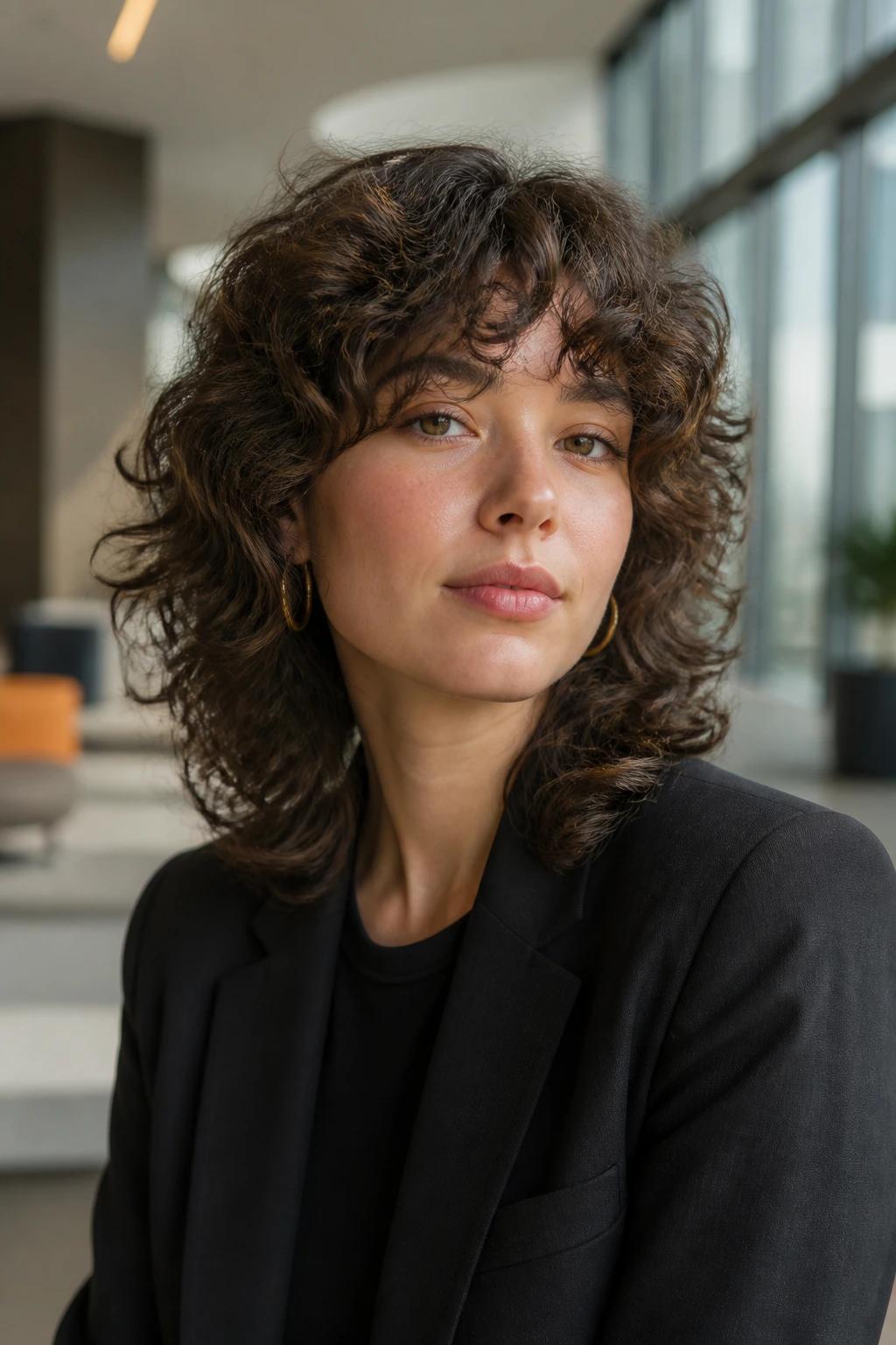 Close-up of real person with soft-edge wolf cut and gentle curling.