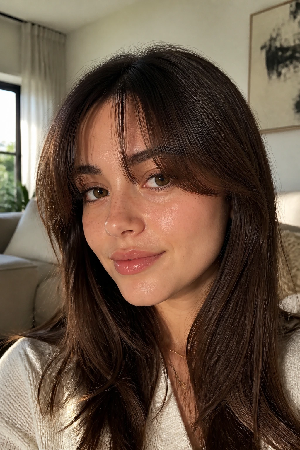 Close-up of a real woman with soft-edged baby curtain fringe in sunlit room