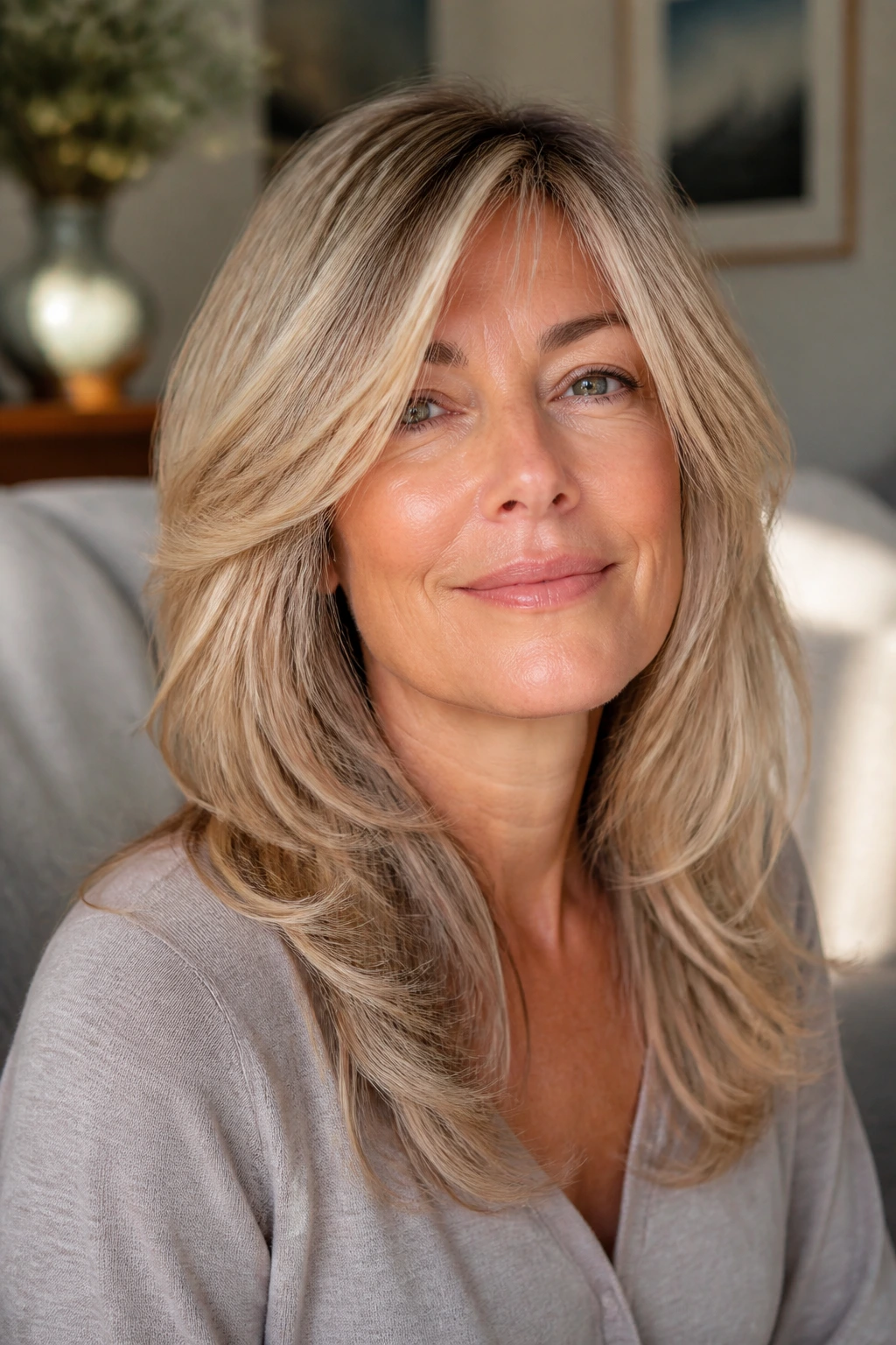 Portrait of a woman with soft-edged shag for fine hair showing plush layers