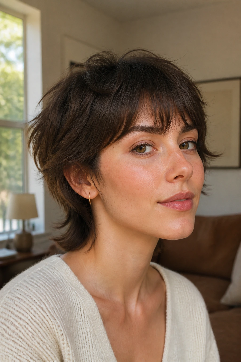 Close up of real person with soft-edged wolf cut under warm window light