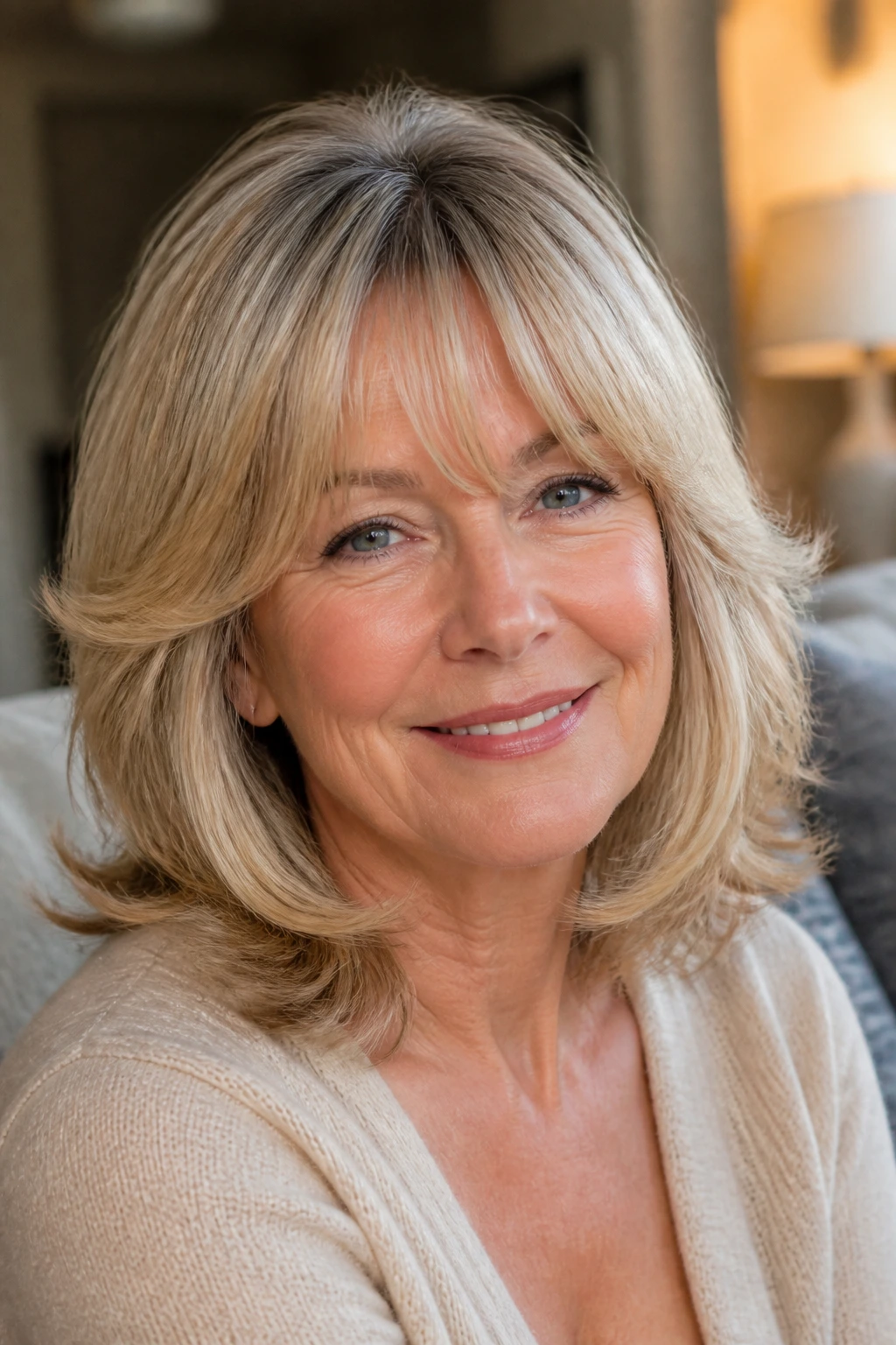 Older woman with softly edged feathered bangs in a cozy living room