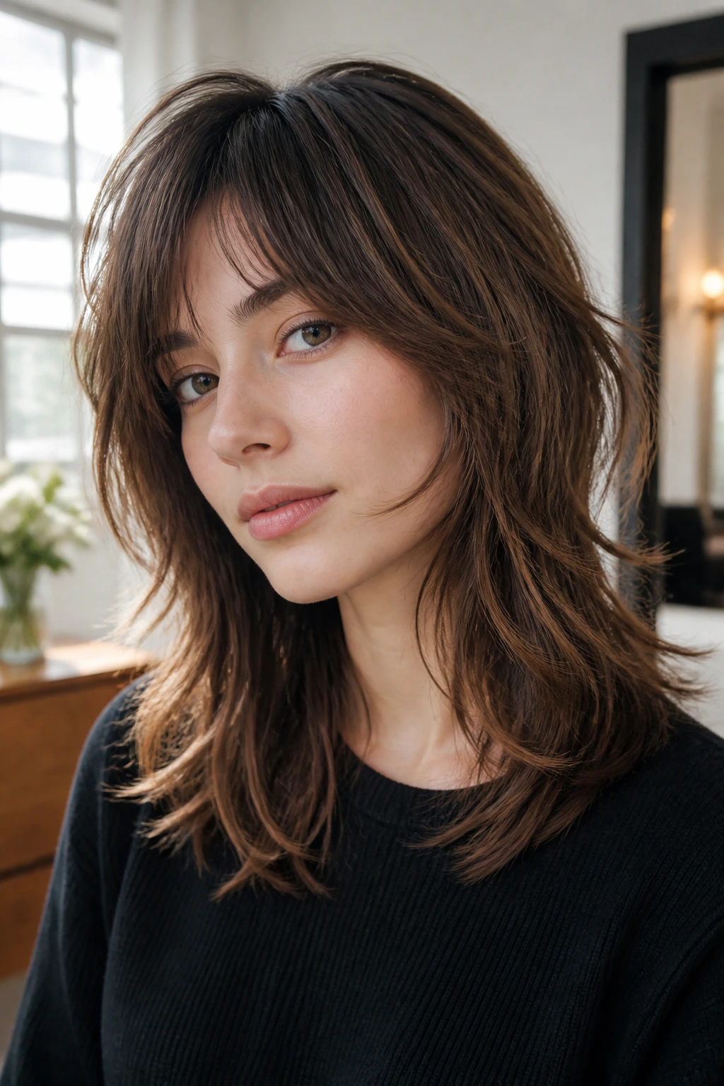 Real person with soft-edited wolf cut variation