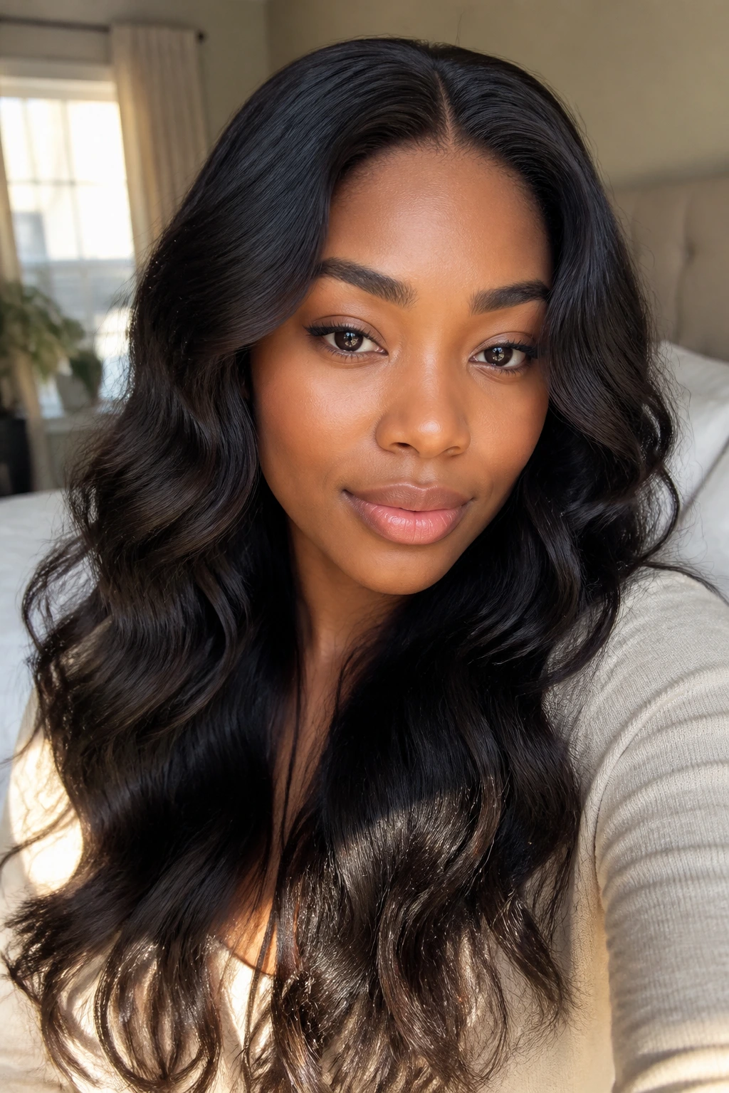 Close-up portrait of a real woman with long wavy hair featuring soft ends and a strong shape