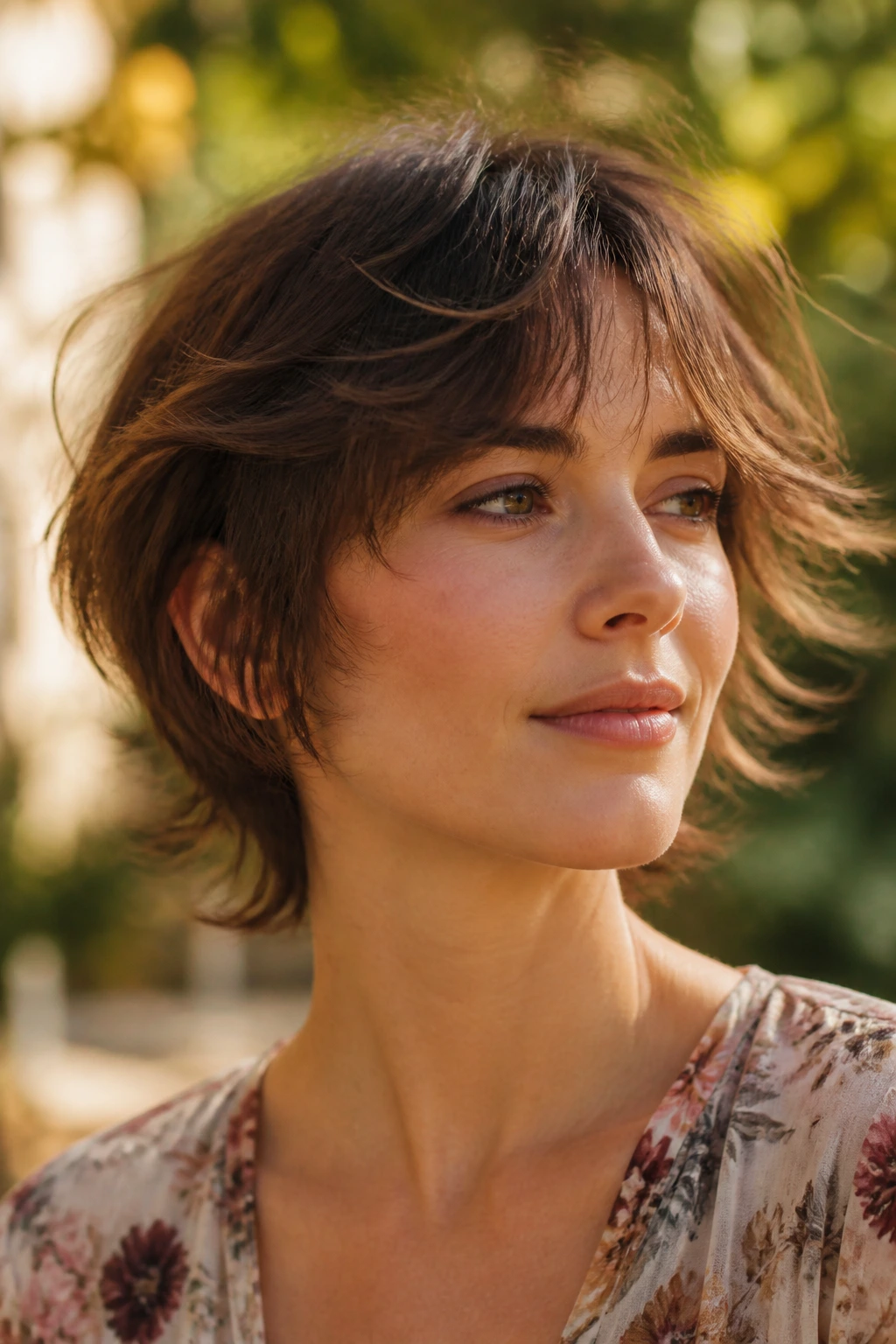 Close-up portrait of a real woman with curtain bangs and soft ends in movement outdoors
