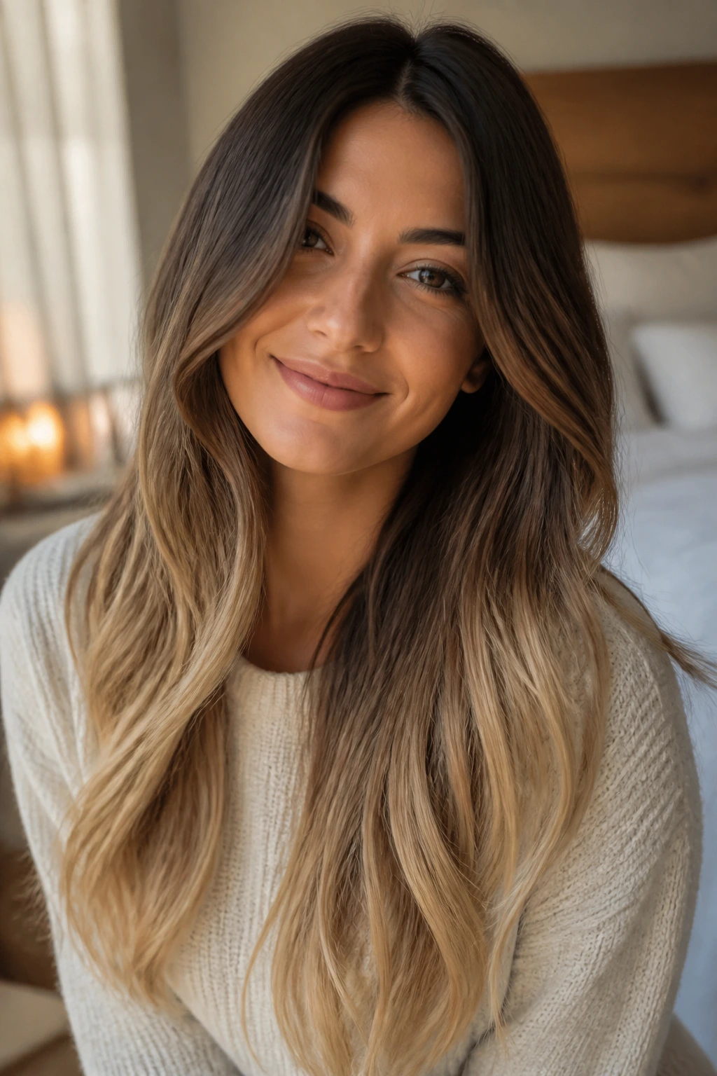 Close-up portrait of a real woman with long ombre hair showing soft ends and smooth gradient in warm window-light setting