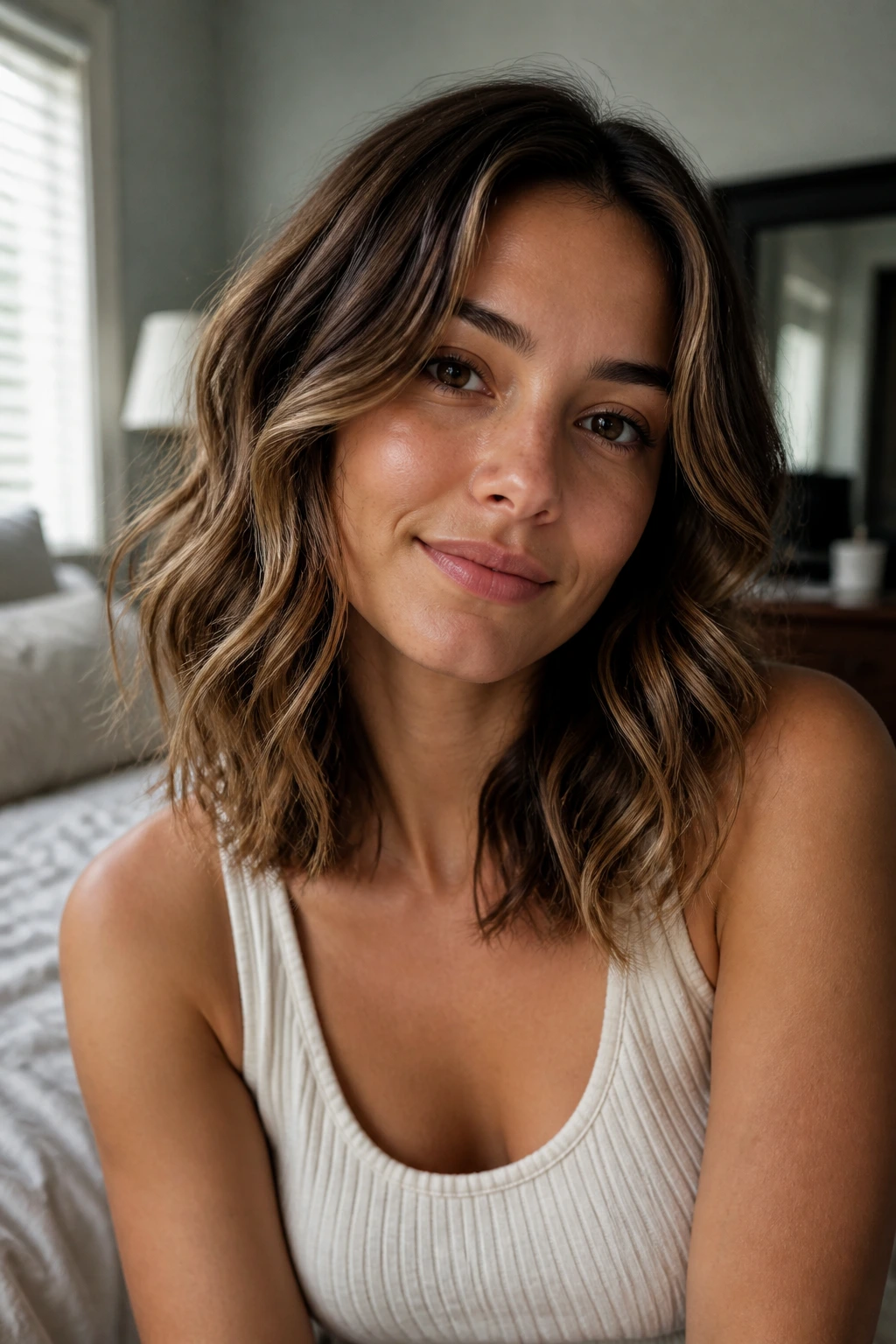 Portrait of a real woman with soft-ended medium waves in natural light